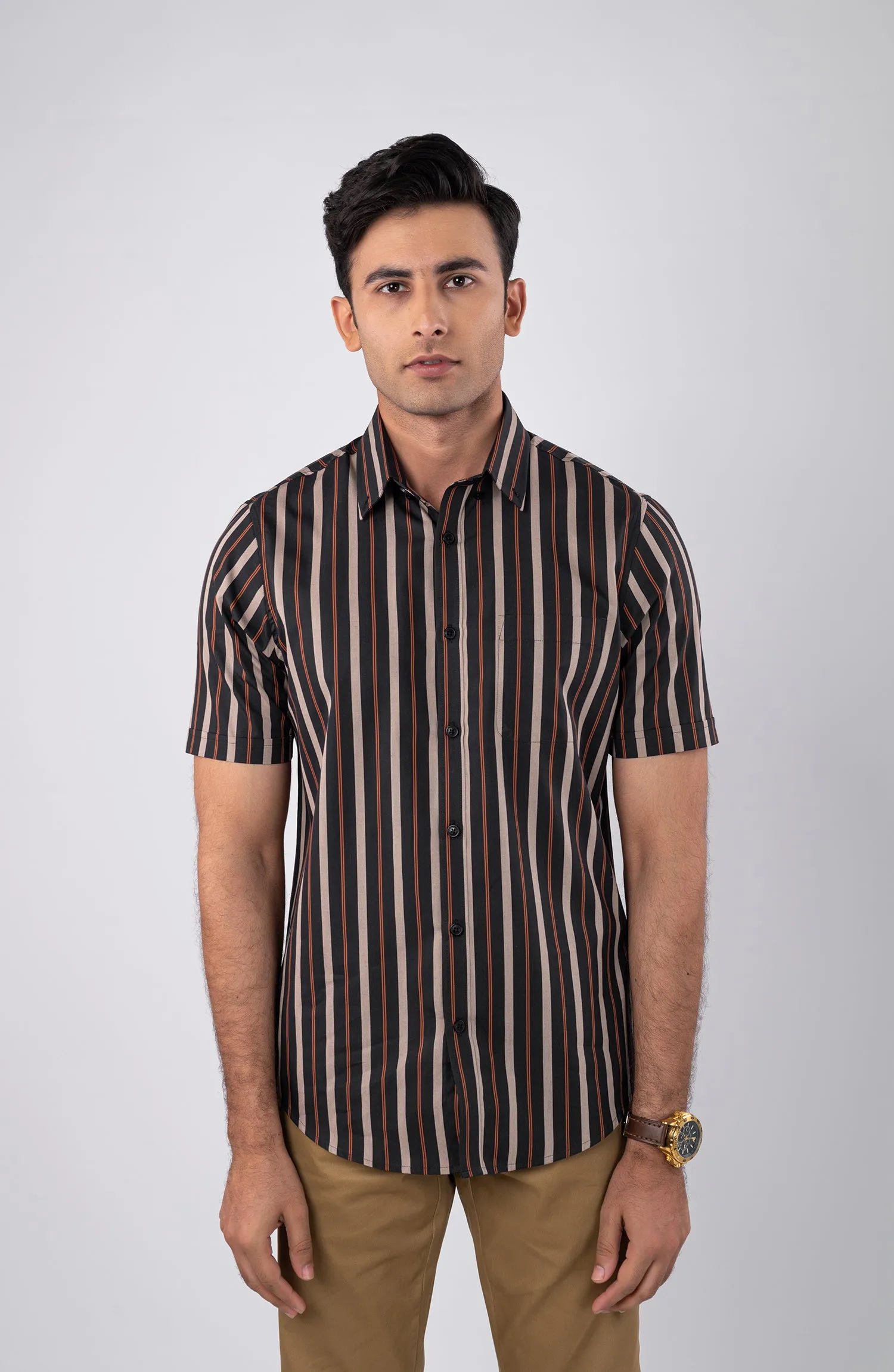 Beige/Black Stripes Yarn Dyed Shirt