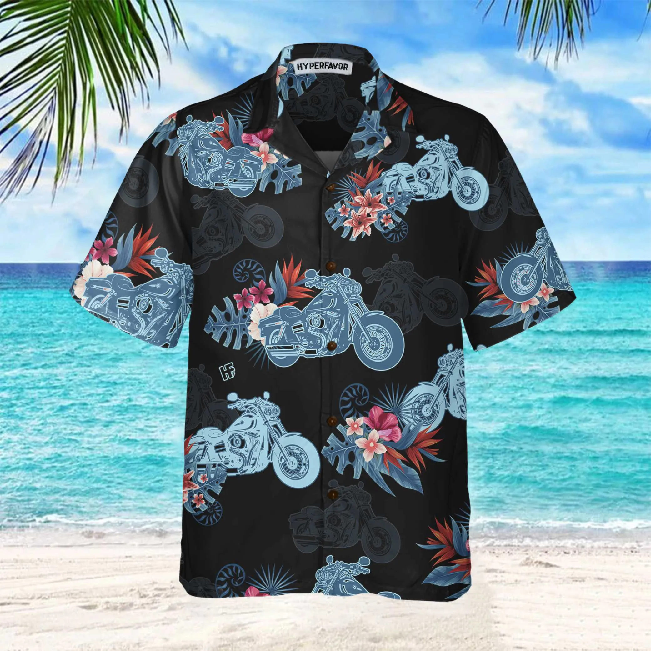 Biker Blue Tropical Flower Pattern Motorcycle Hawaiian Shirt, Unique Gift For Bikers, Husband, Boyfriend