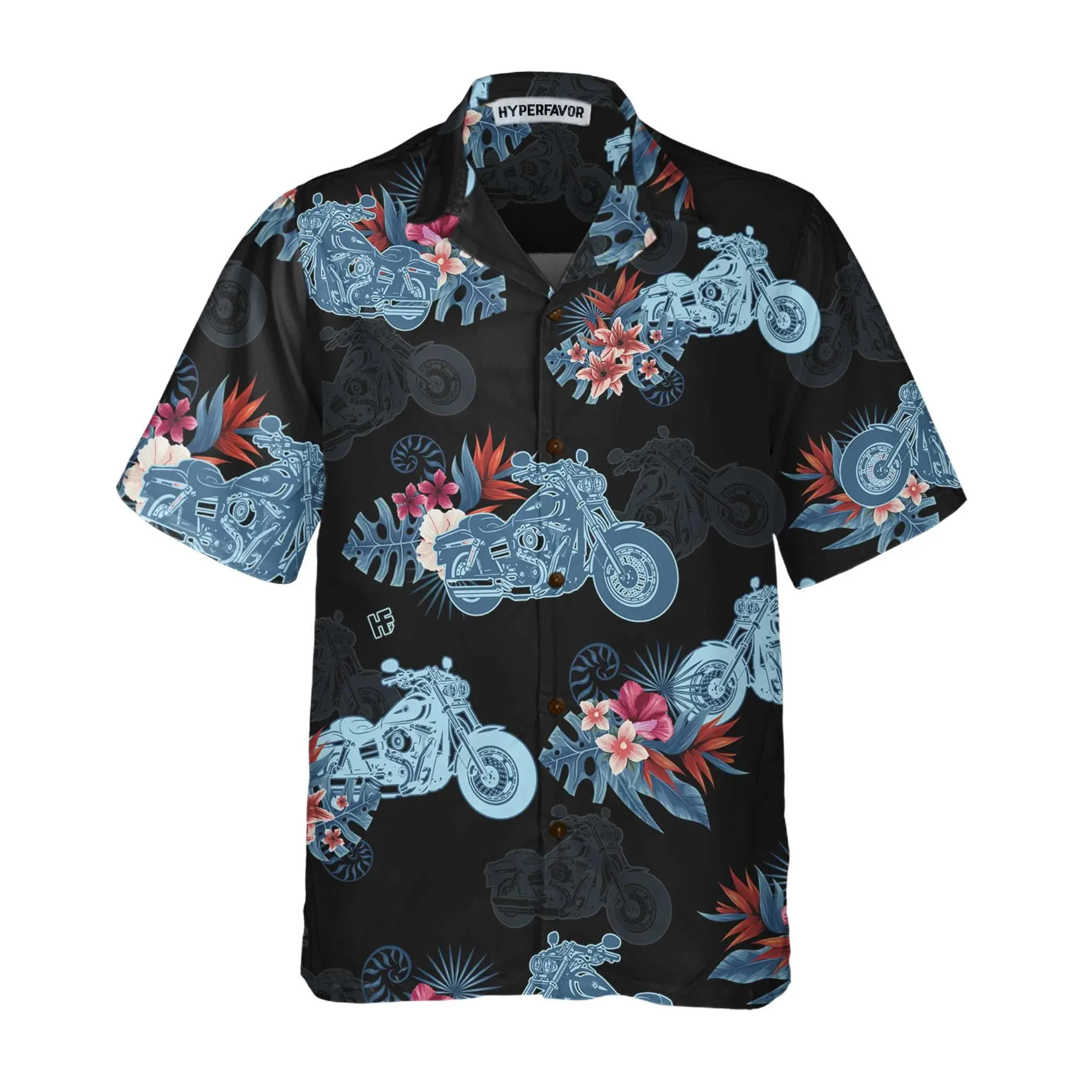 Biker Blue Tropical Flower Pattern Motorcycle Hawaiian Shirt, Unique Gift For Bikers, Husband, Boyfriend