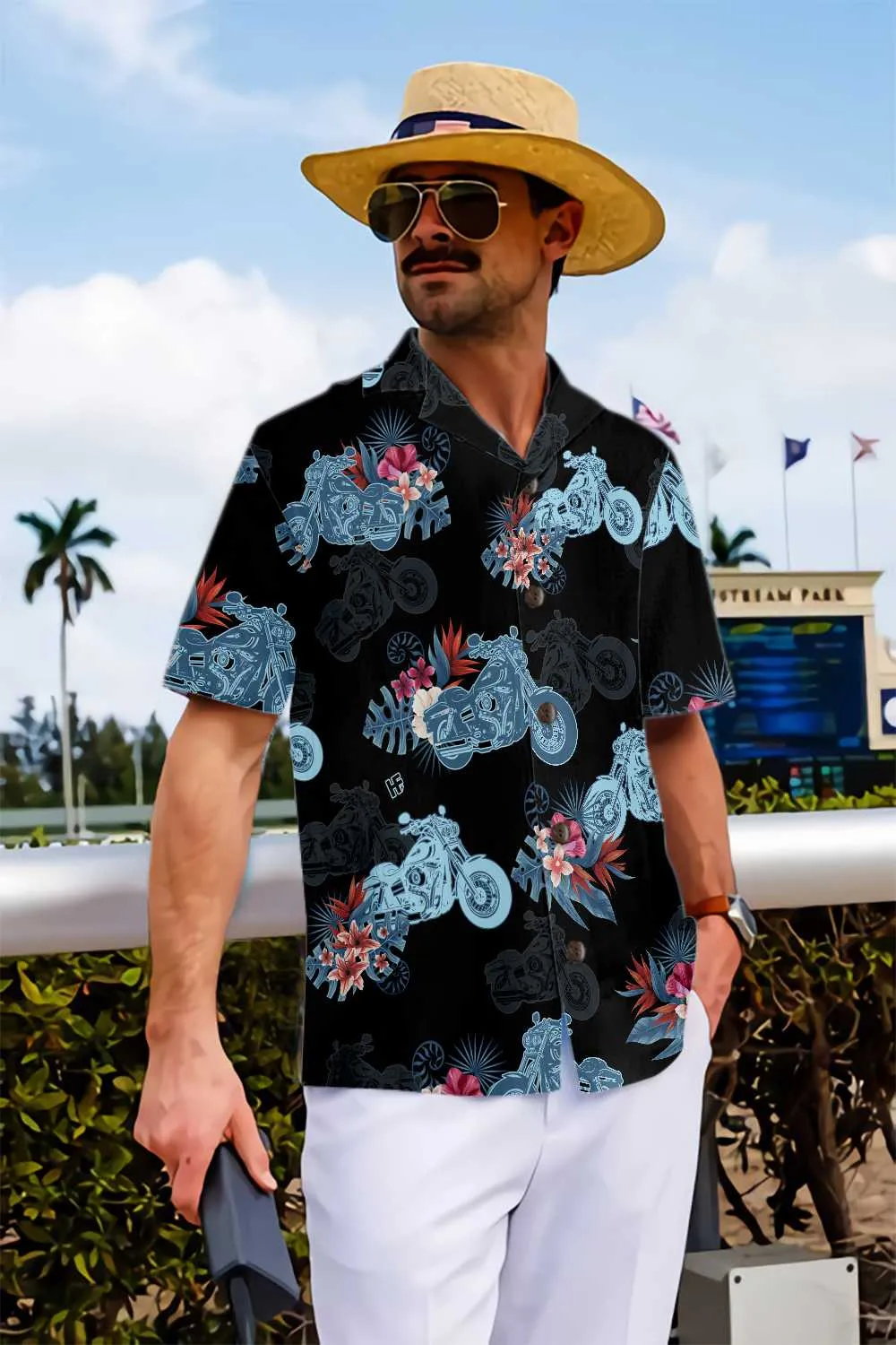 Biker Blue Tropical Flower Pattern Motorcycle Hawaiian Shirt, Unique Gift For Bikers, Husband, Boyfriend