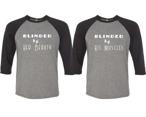 Blinded by Her Beauty His Muscles Couple Matching Baseball T-Shirts - Sold Separately, Unique Art Heat Press Prints
