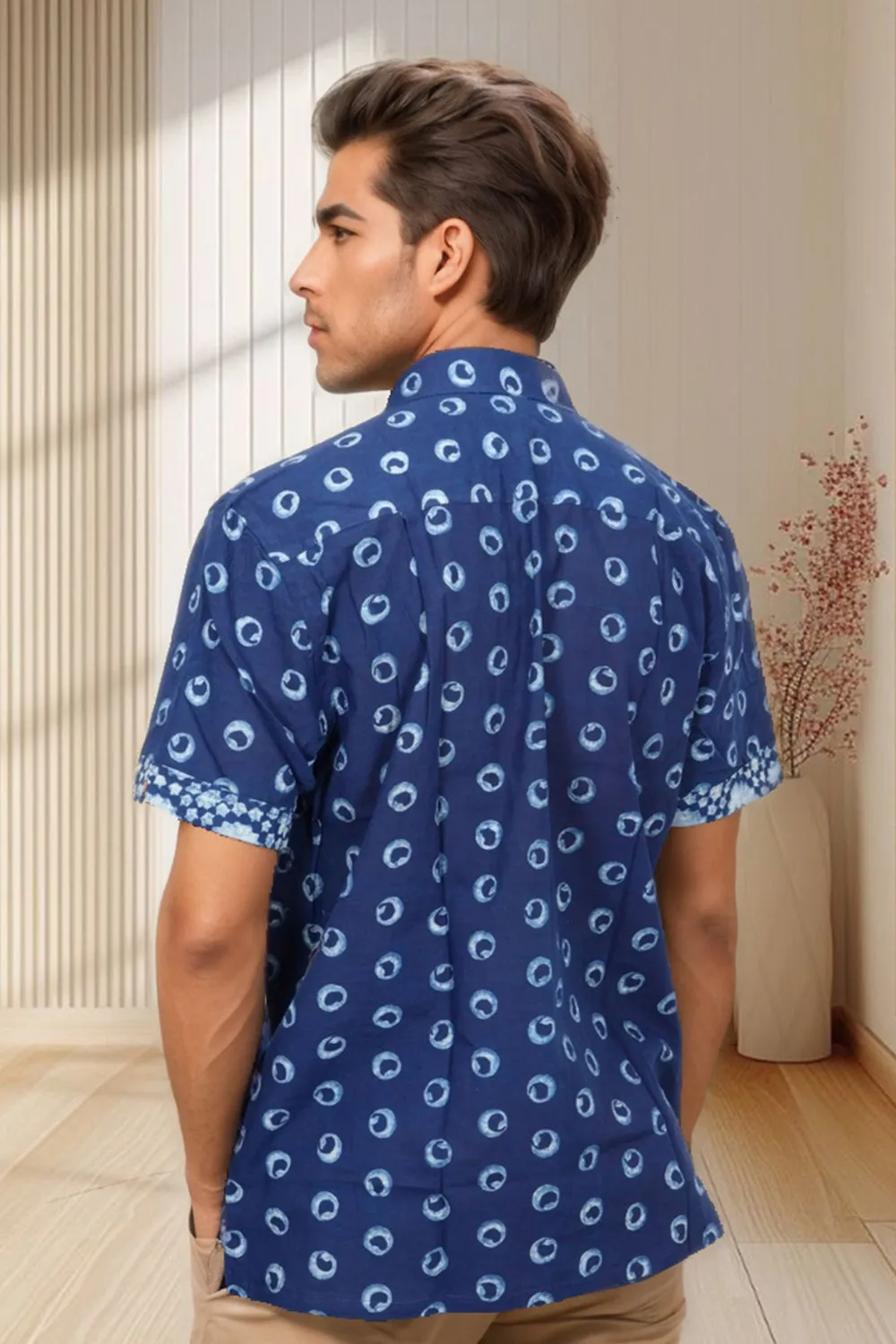 Blue Half Sleeve Indigo Hand Block Print Cotton Shirt 10074399