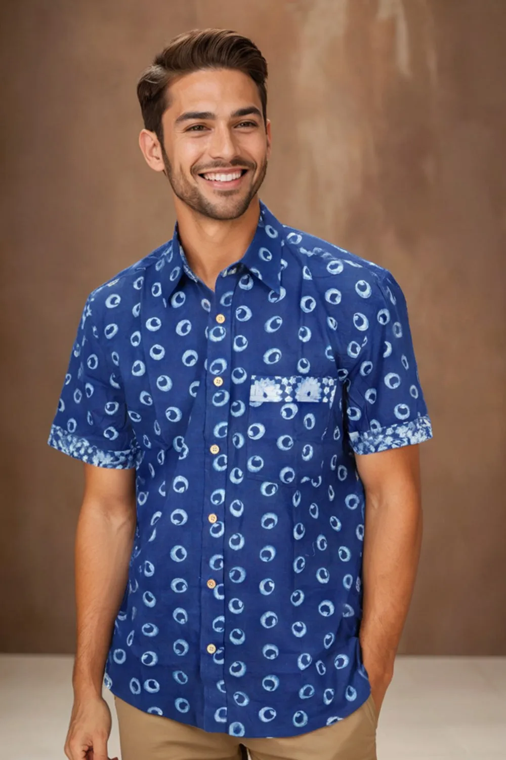 Blue Half Sleeve Indigo Hand Block Print Cotton Shirt 10074399