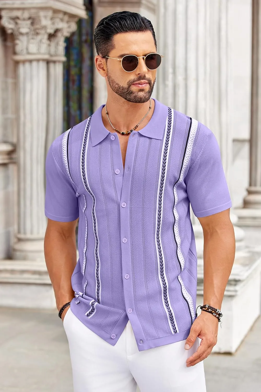 COOFANDY Knit Shirts for Men Casual Short Sleeve Button Down Shirts Summer Beach Stretch Fit Collared Shirts