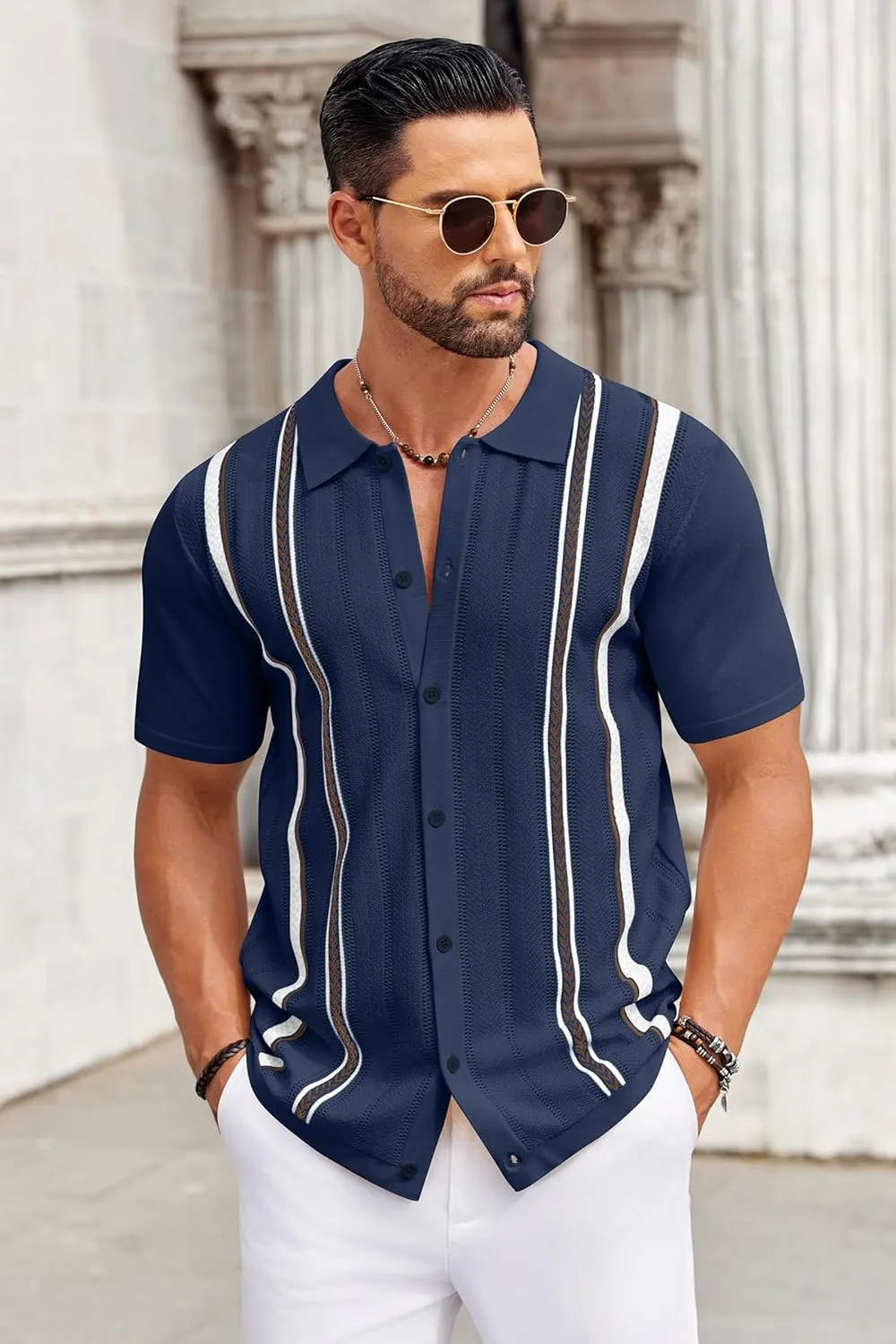 COOFANDY Knit Shirts for Men Casual Short Sleeve Button Down Shirts Summer Beach Stretch Fit Collared Shirts