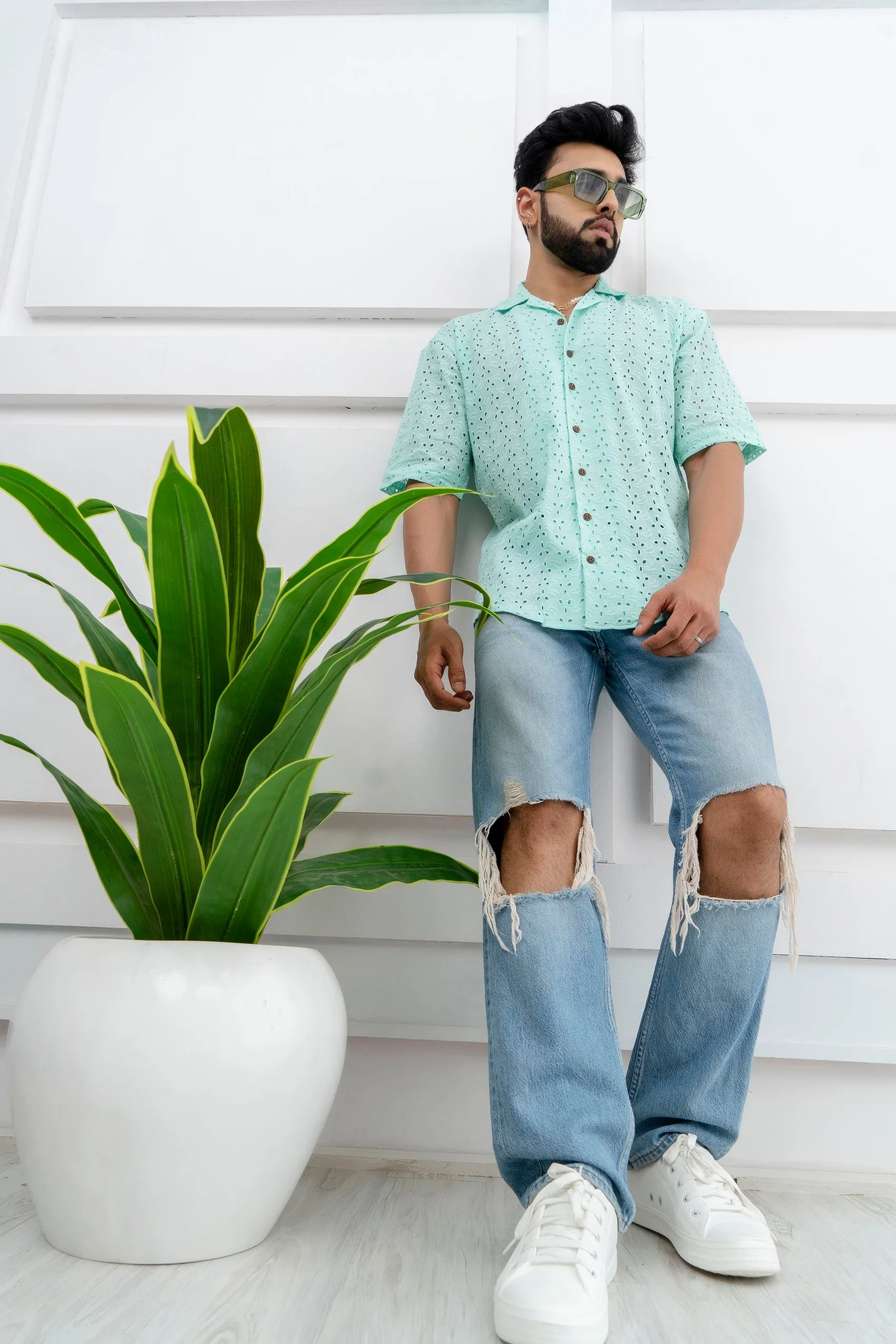 CUTWORK EMBROIDERY SHIRT PISTA WITH CAMP COLLAR