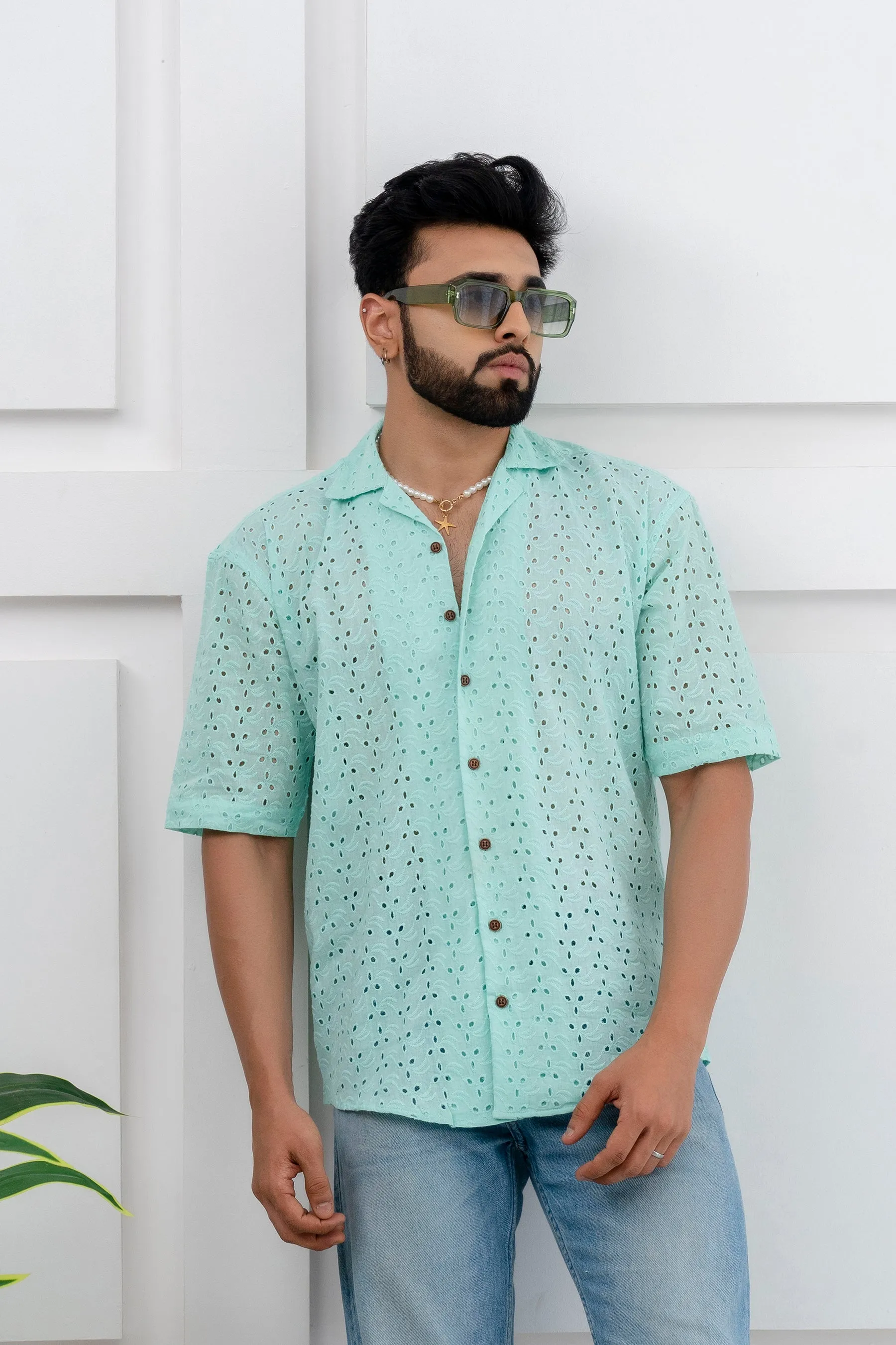 CUTWORK EMBROIDERY SHIRT PISTA WITH CAMP COLLAR