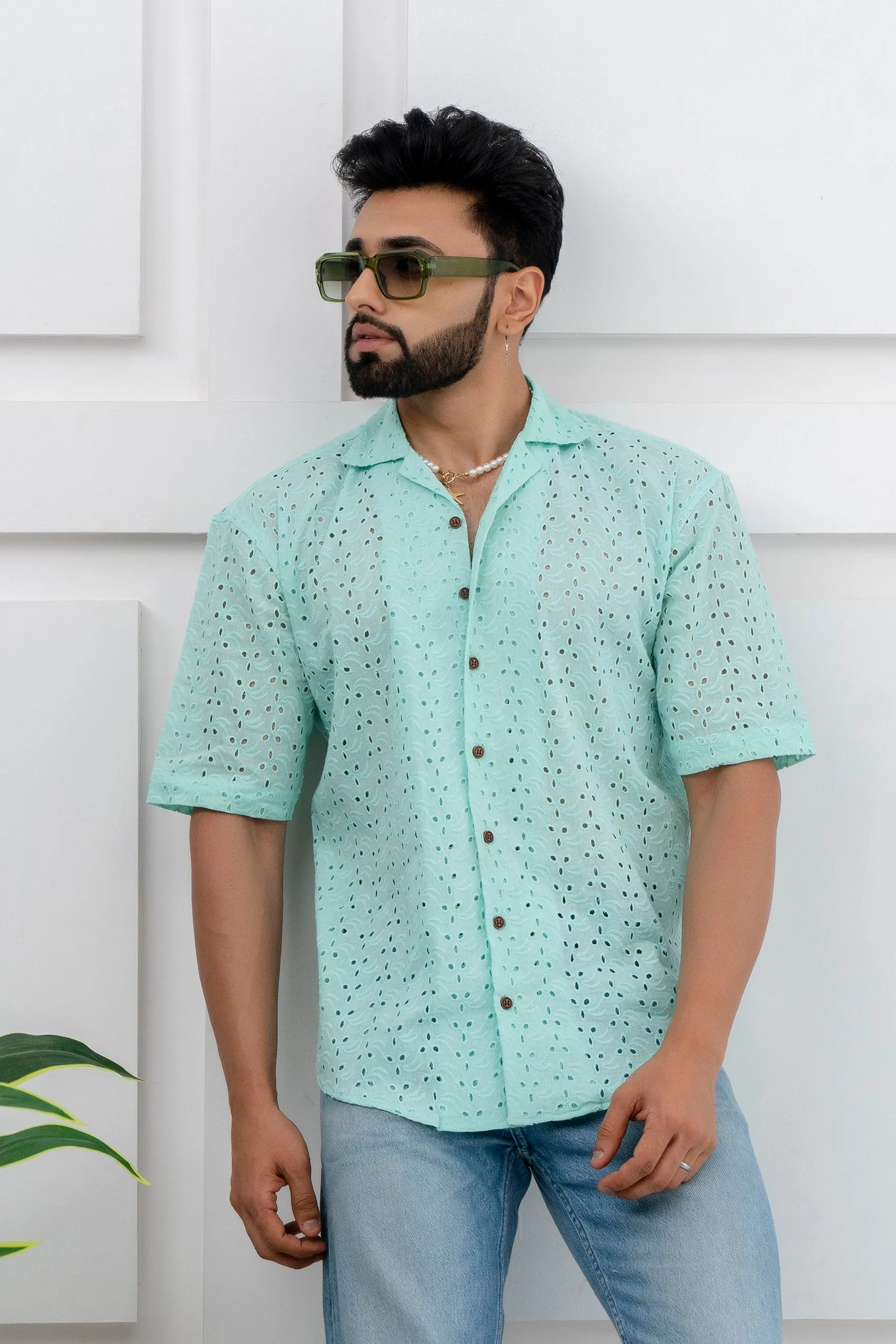 CUTWORK EMBROIDERY SHIRT PISTA WITH CAMP COLLAR
