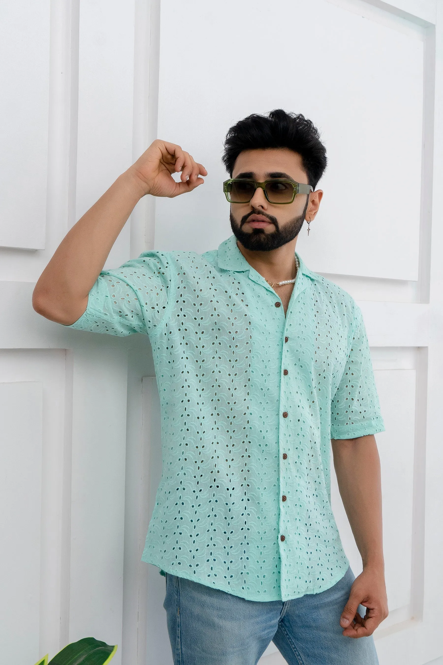 CUTWORK EMBROIDERY SHIRT PISTA WITH CAMP COLLAR