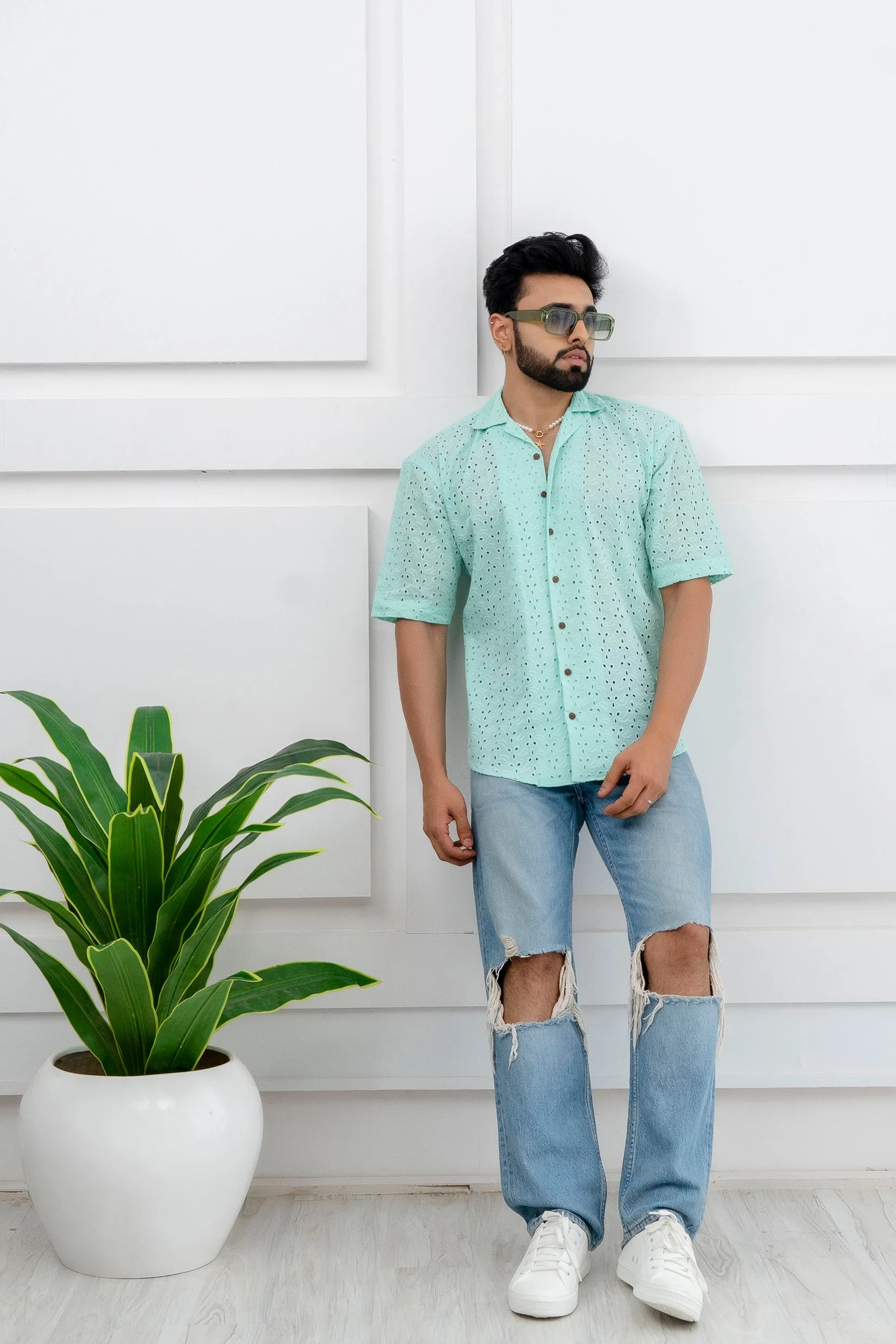 CUTWORK EMBROIDERY SHIRT PISTA WITH CAMP COLLAR
