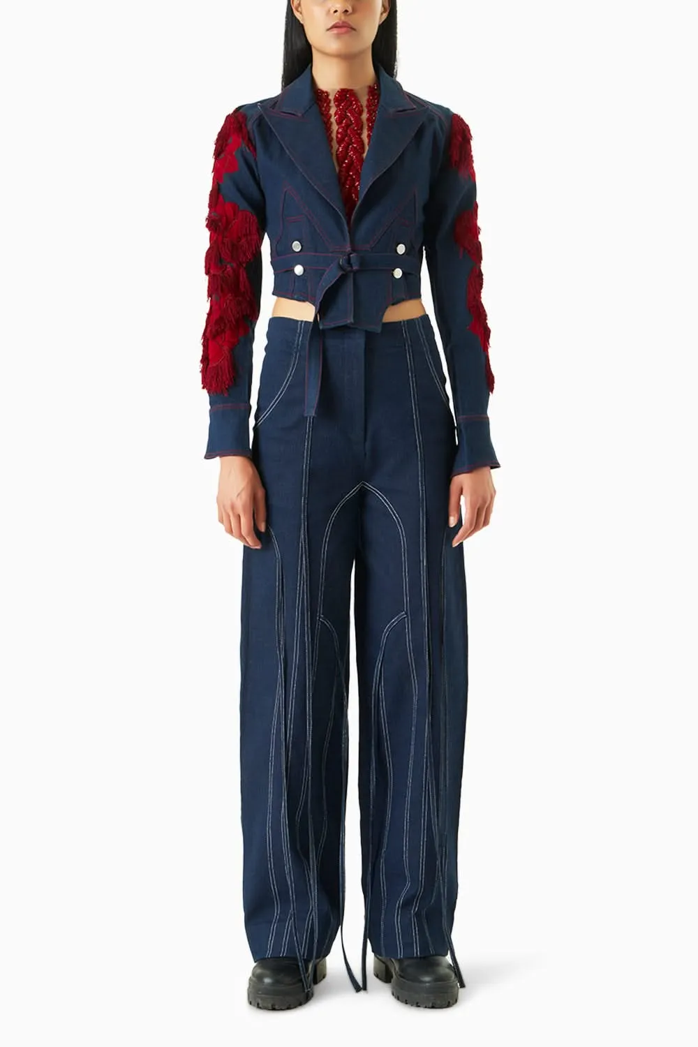 Denim Fray Jacket and Pant with Ties