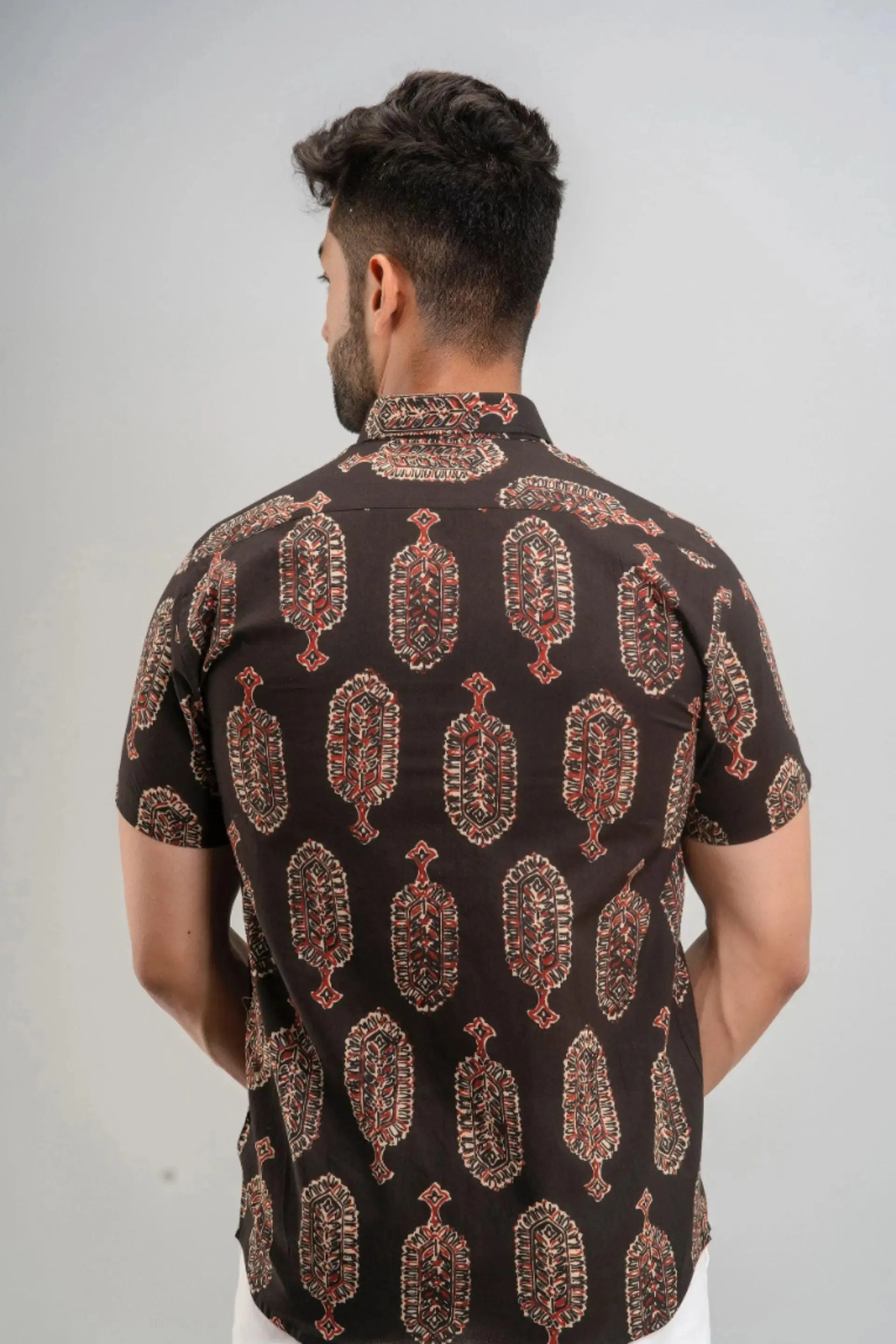 Firangi Yarn Block Printed Cotton Indian Motif Black Shirt For Men