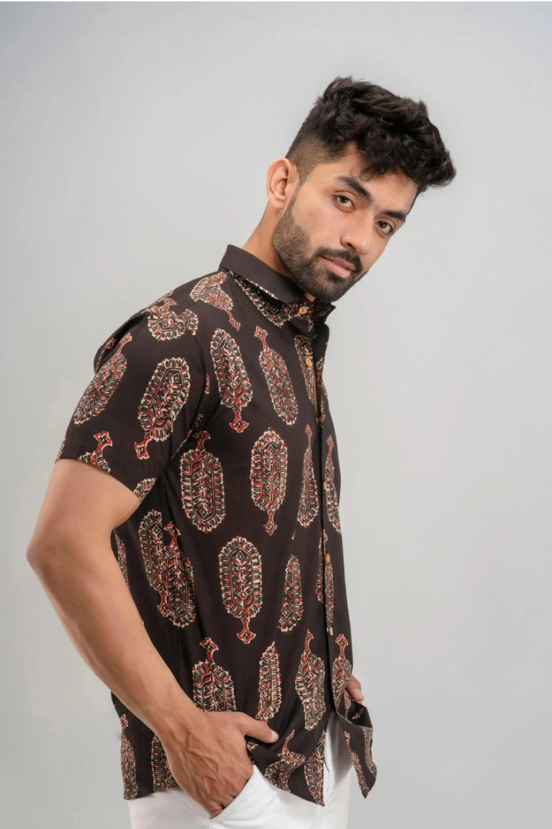 Firangi Yarn Block Printed Cotton Indian Motif Black Shirt For Men