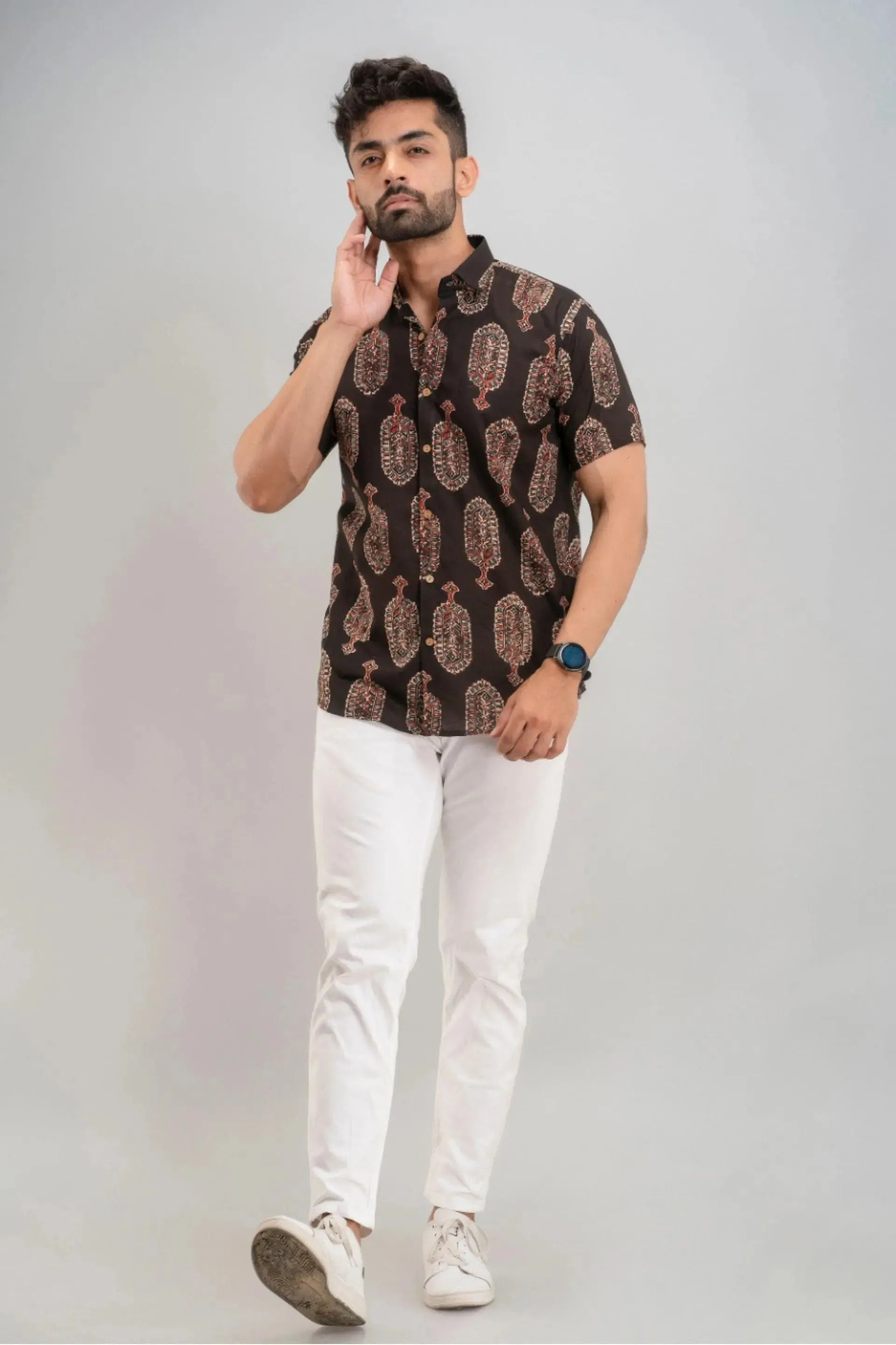 Firangi Yarn Block Printed Cotton Indian Motif Black Shirt For Men