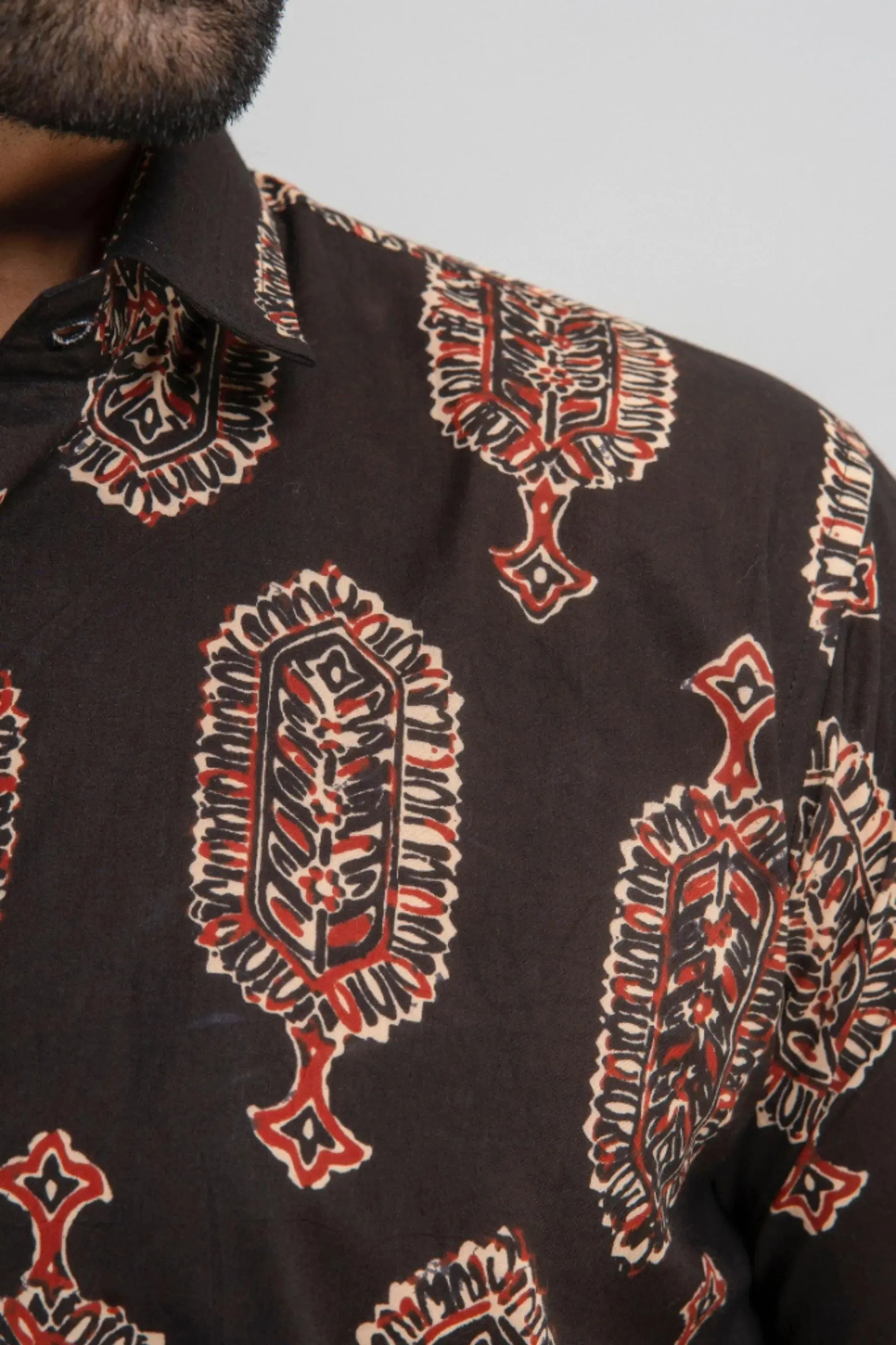 Firangi Yarn Block Printed Cotton Indian Motif Black Shirt For Men