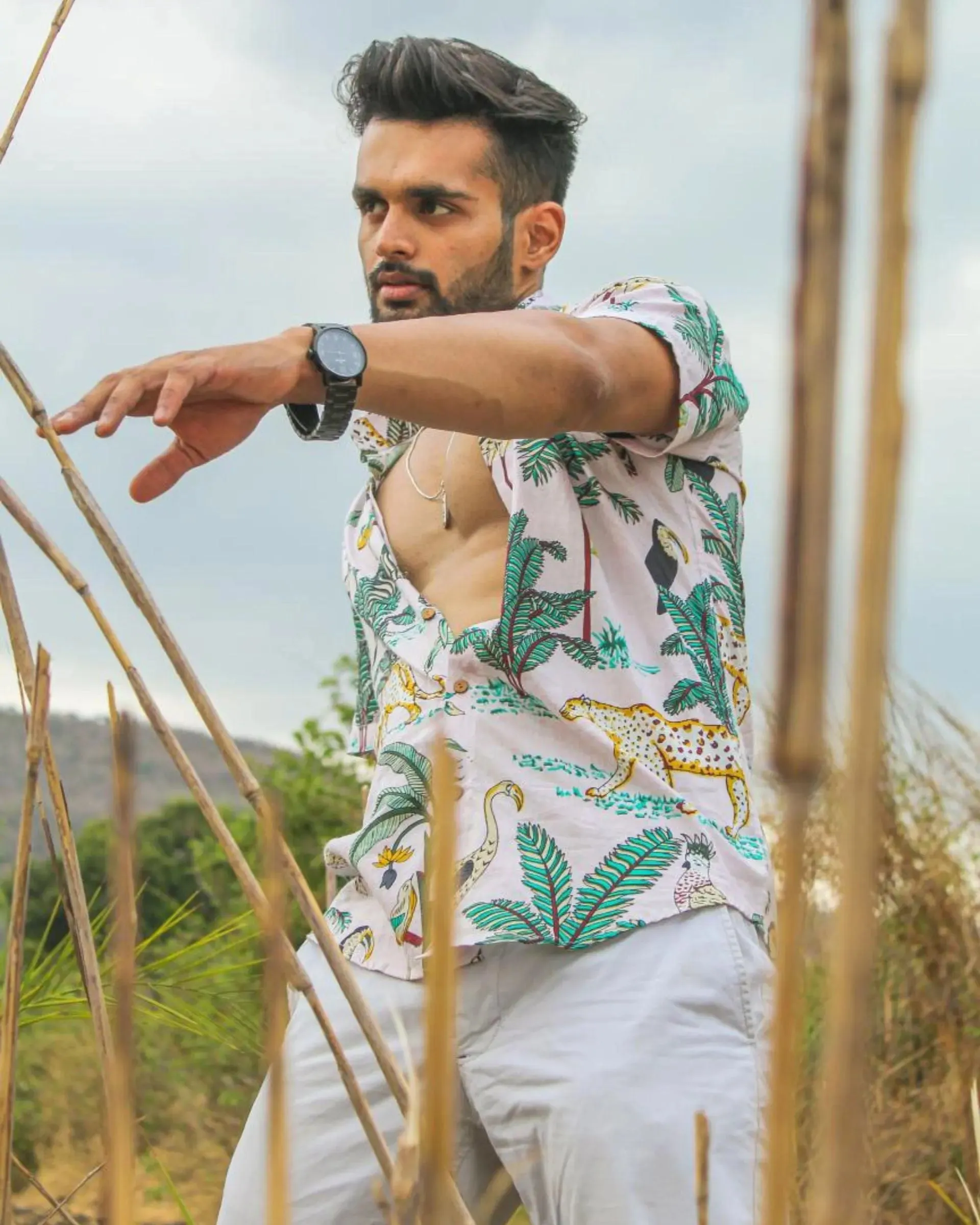 Firangi Yarn Block Printed Cotton Pink Botanical Printed Shirt For Men