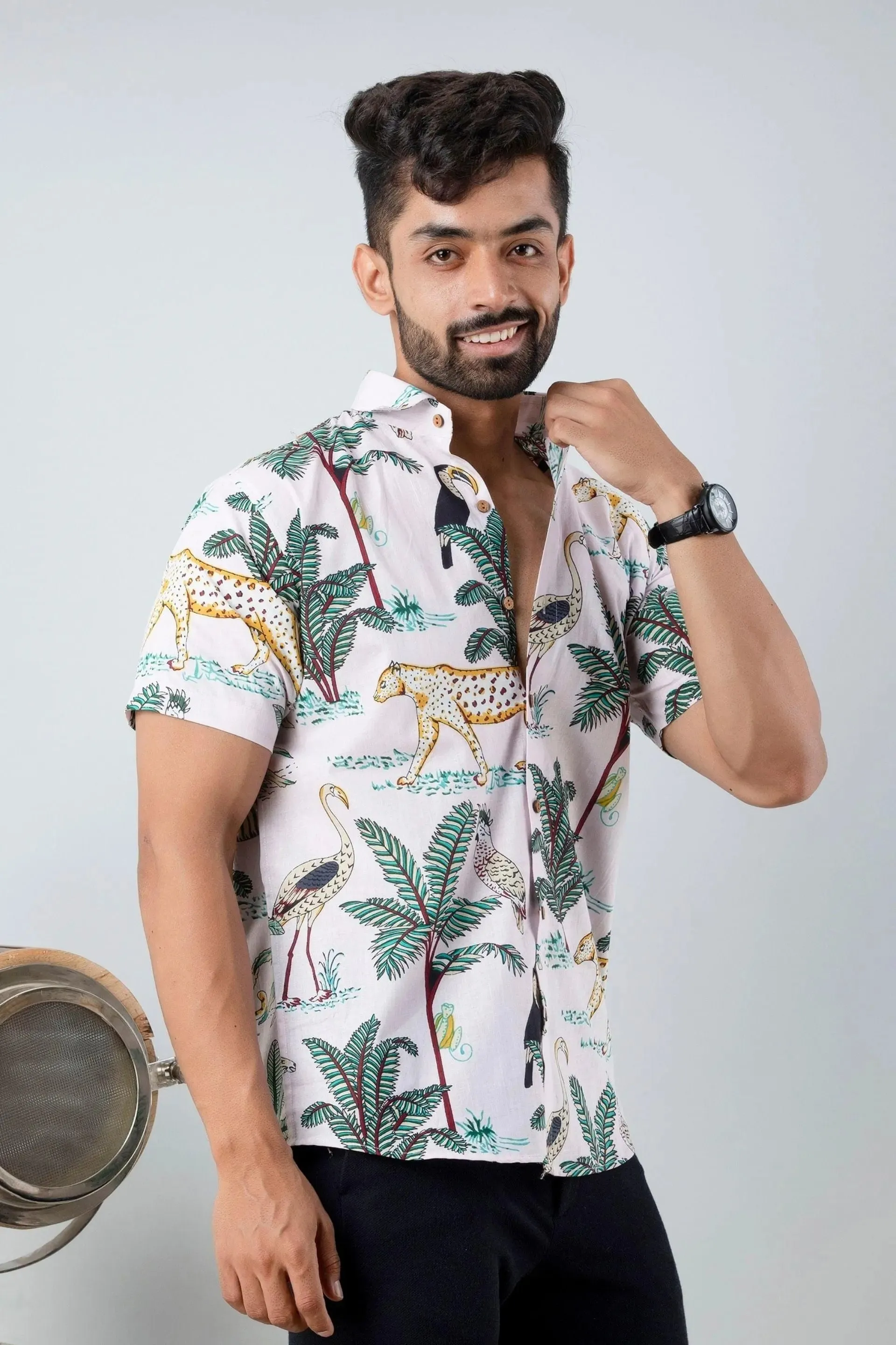 Firangi Yarn Block Printed Cotton Pink Botanical Printed Shirt For Men