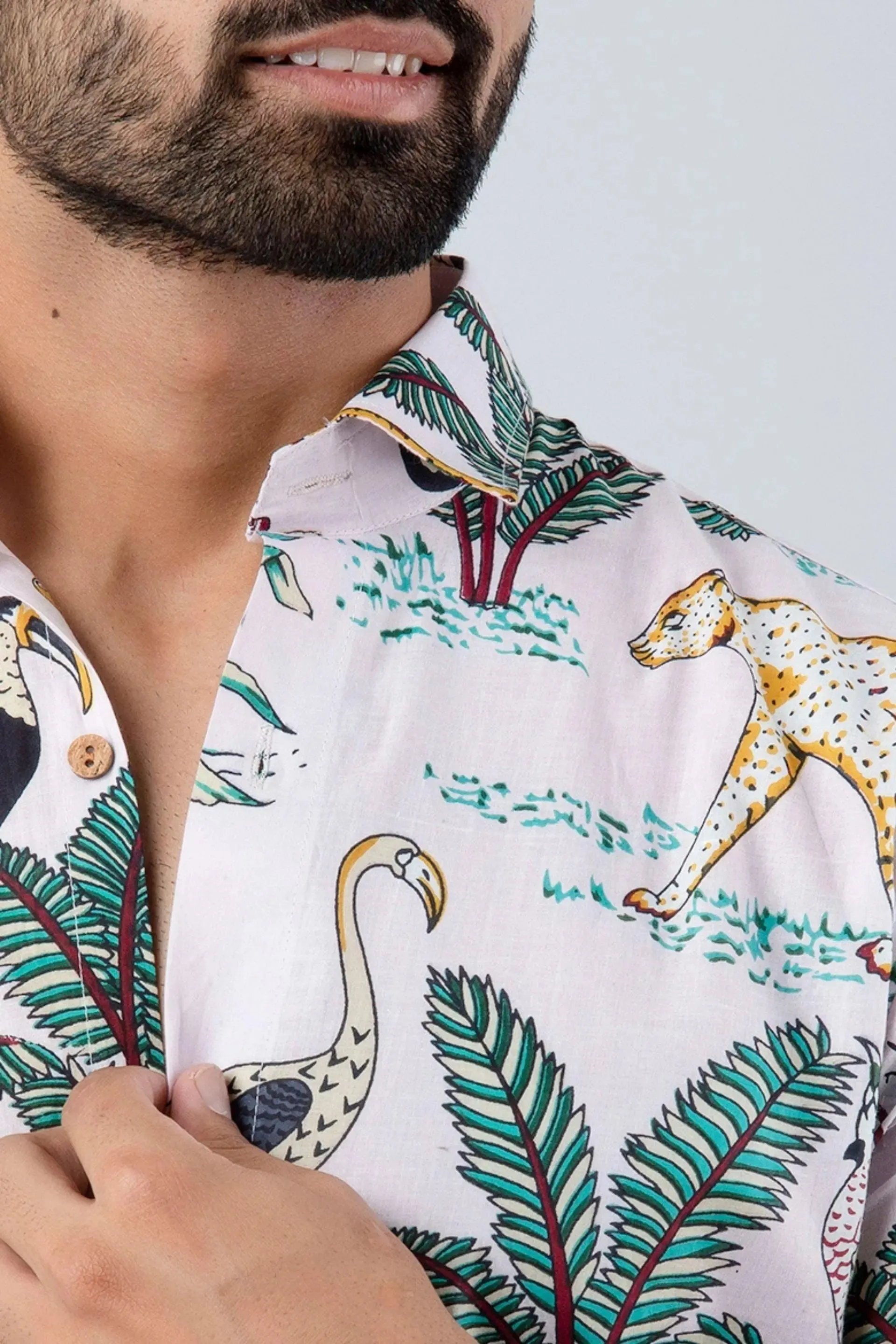 Firangi Yarn Block Printed Cotton Pink Botanical Printed Shirt For Men