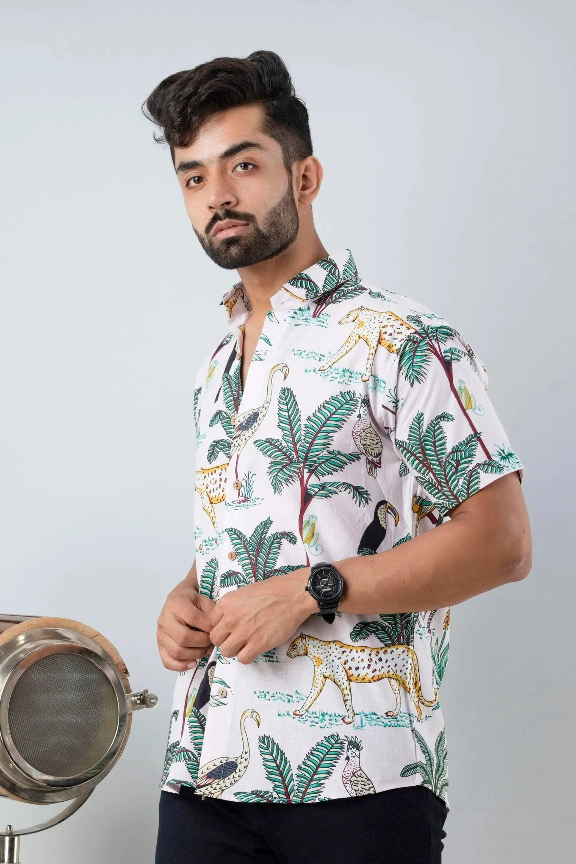 Firangi Yarn Block Printed Cotton Pink Botanical Printed Shirt For Men