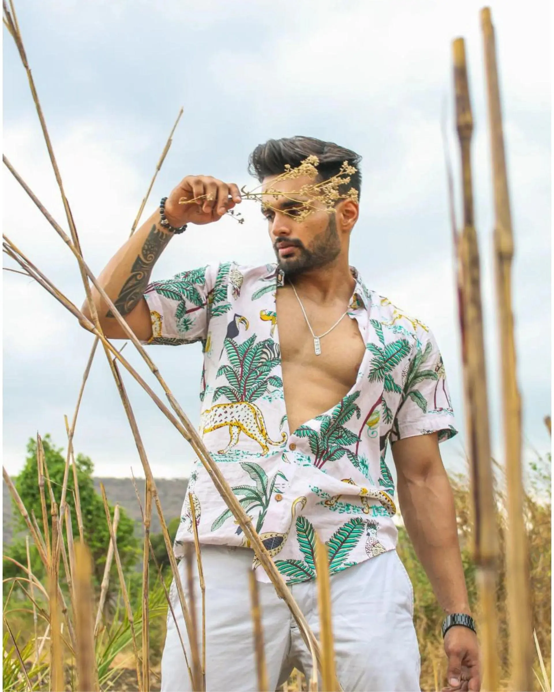 Firangi Yarn Block Printed Cotton Pink Botanical Printed Shirt For Men