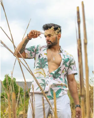 Firangi Yarn Block Printed Cotton Pink Botanical Printed Shirt For Men