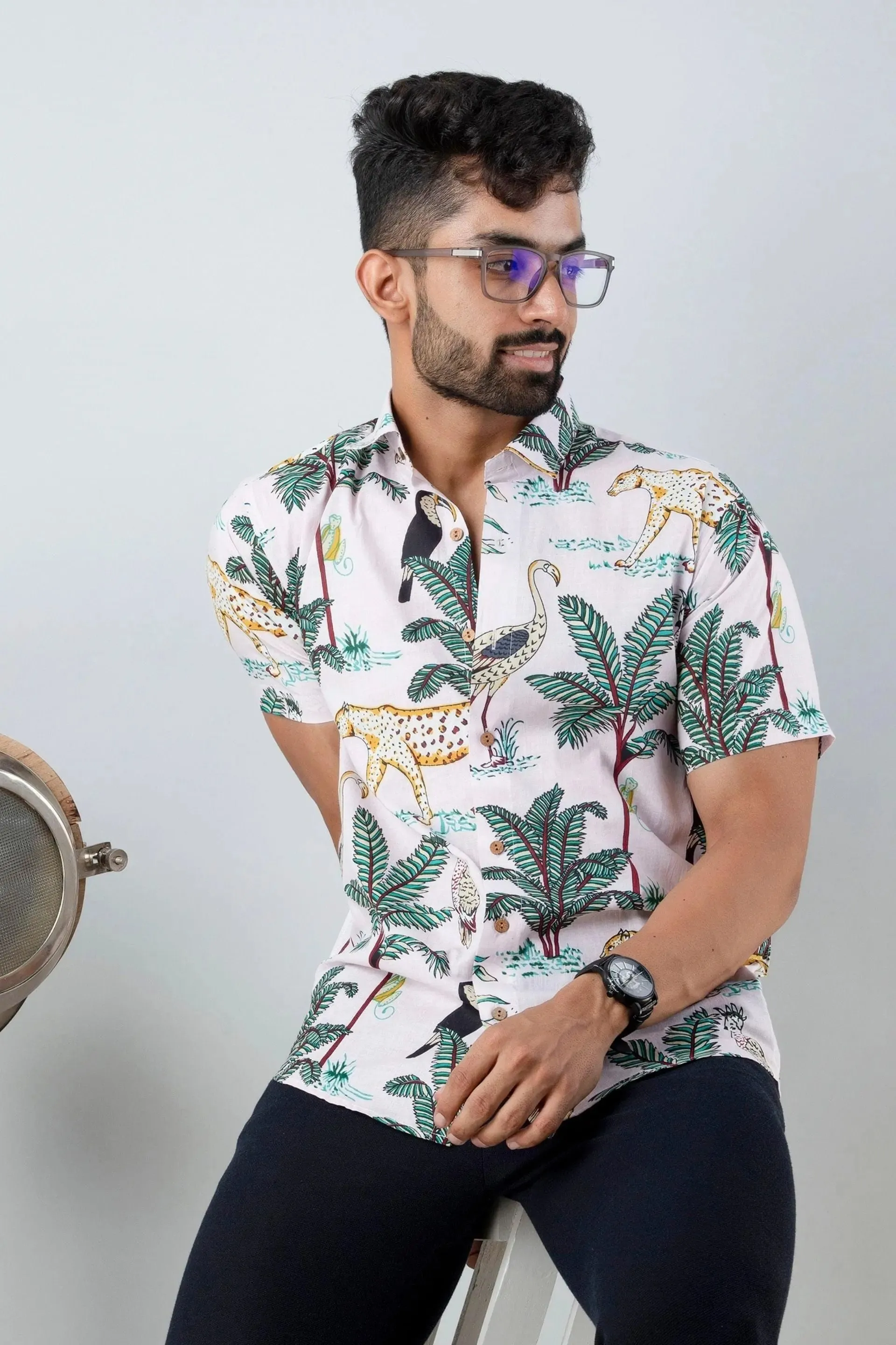 Firangi Yarn Block Printed Cotton Pink Botanical Printed Shirt For Men