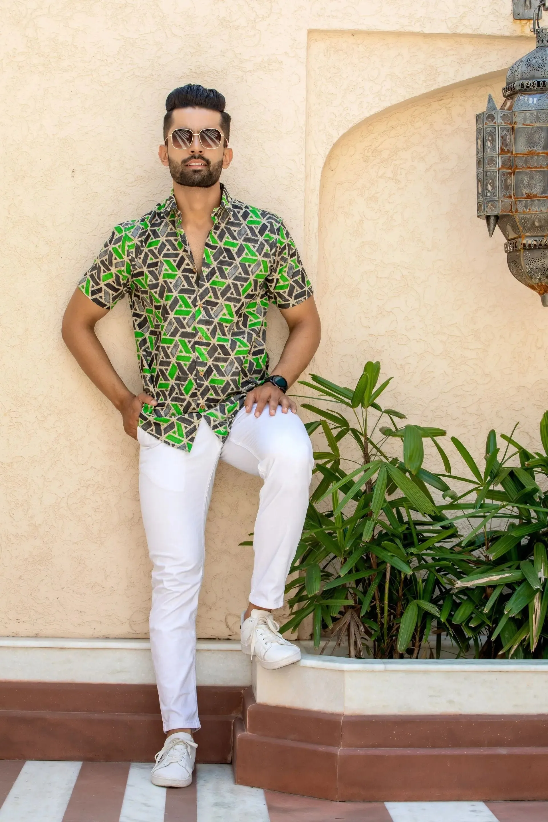 Firangi Yarn Green Geometric Printed Cotton Shirt For Men - Half Sleeves