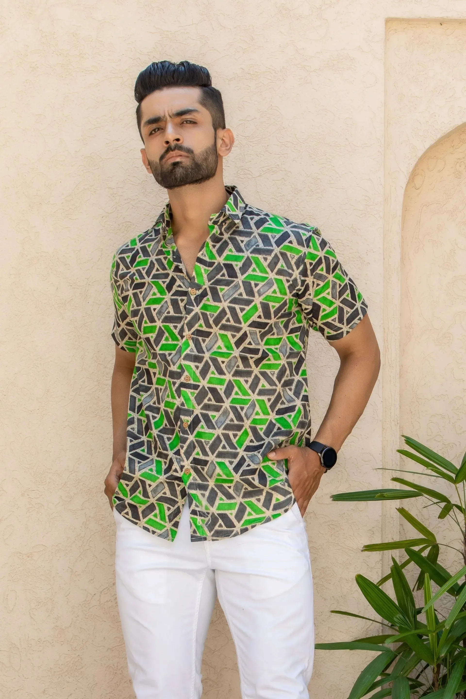 Firangi Yarn Green Geometric Printed Cotton Shirt For Men - Half Sleeves