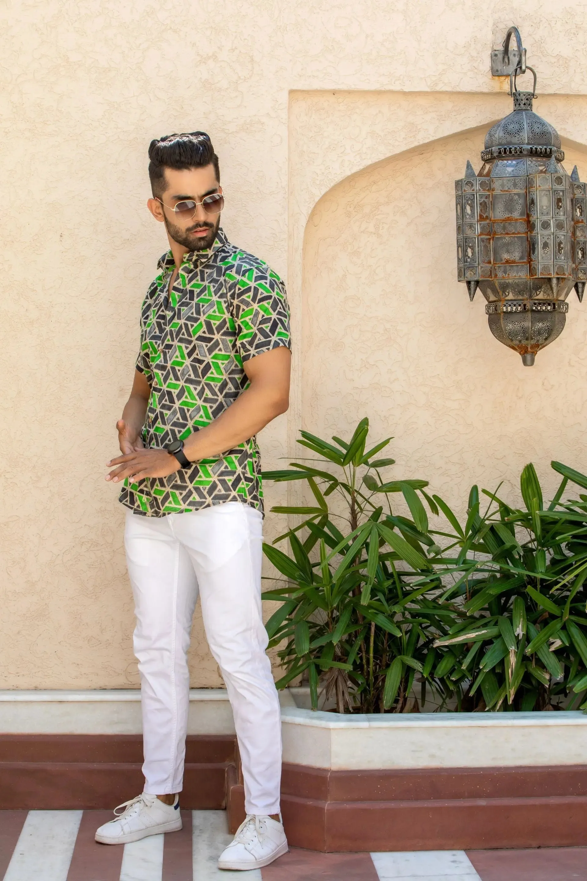 Firangi Yarn Green Geometric Printed Cotton Shirt For Men - Half Sleeves