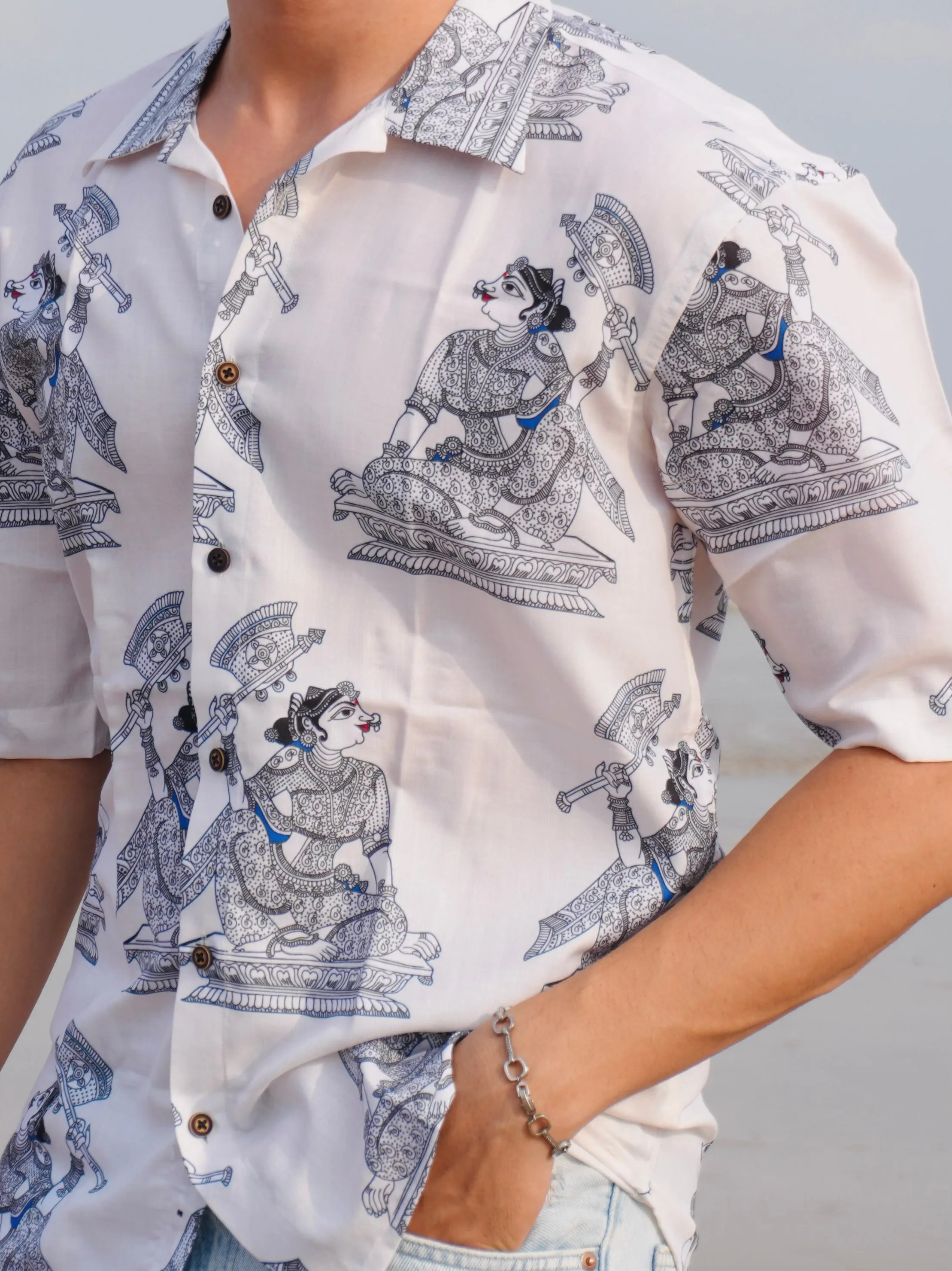 Firangi Yarn Linen Cuban Collar Fusion Printed Oversize Shirt - Madhubani White