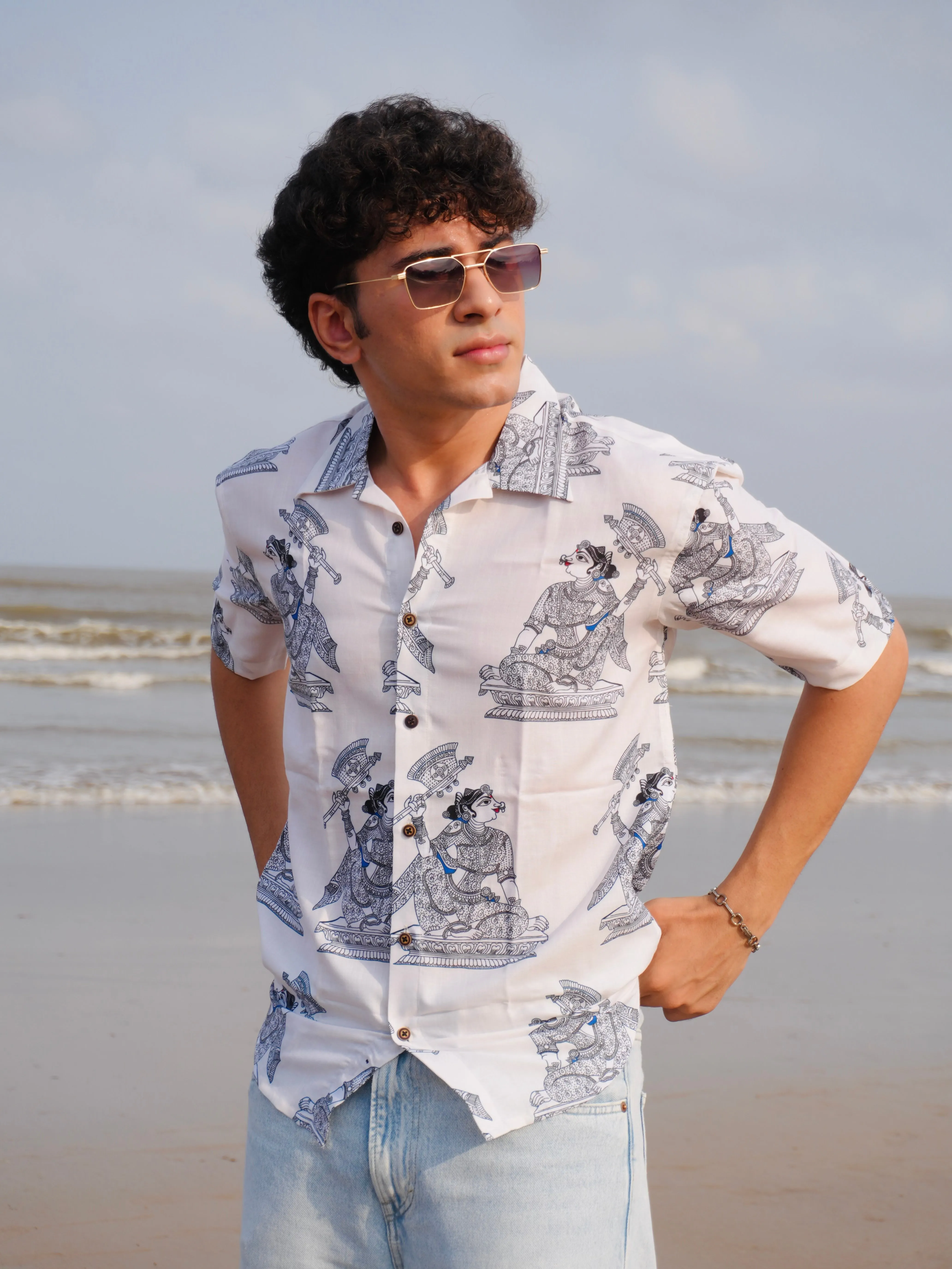 Firangi Yarn Linen Cuban Collar Fusion Printed Oversize Shirt - Madhubani White