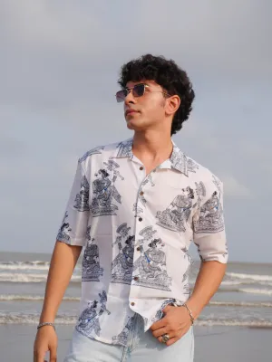 Firangi Yarn Linen Cuban Collar Fusion Printed Oversize Shirt - Madhubani White