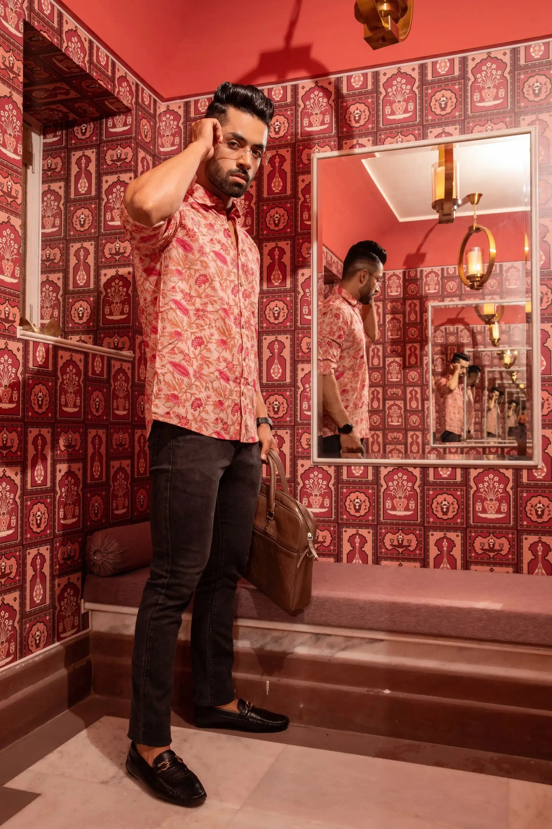 Firangi Yarn Pink Sanganeri Printed 100% Cotton Shirt For Men - Full Sleeves