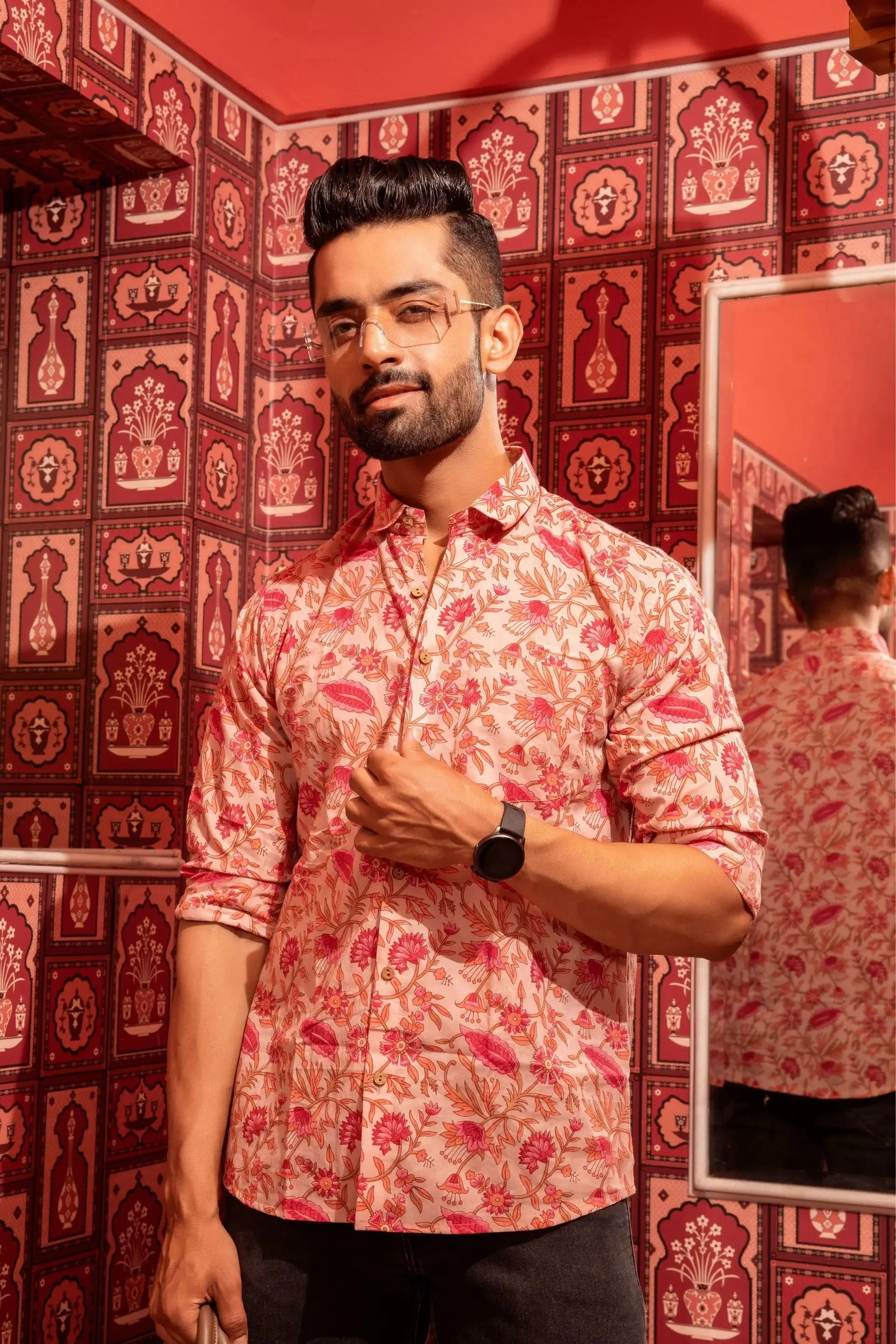 Firangi Yarn Pink Sanganeri Printed 100% Cotton Shirt For Men - Full Sleeves