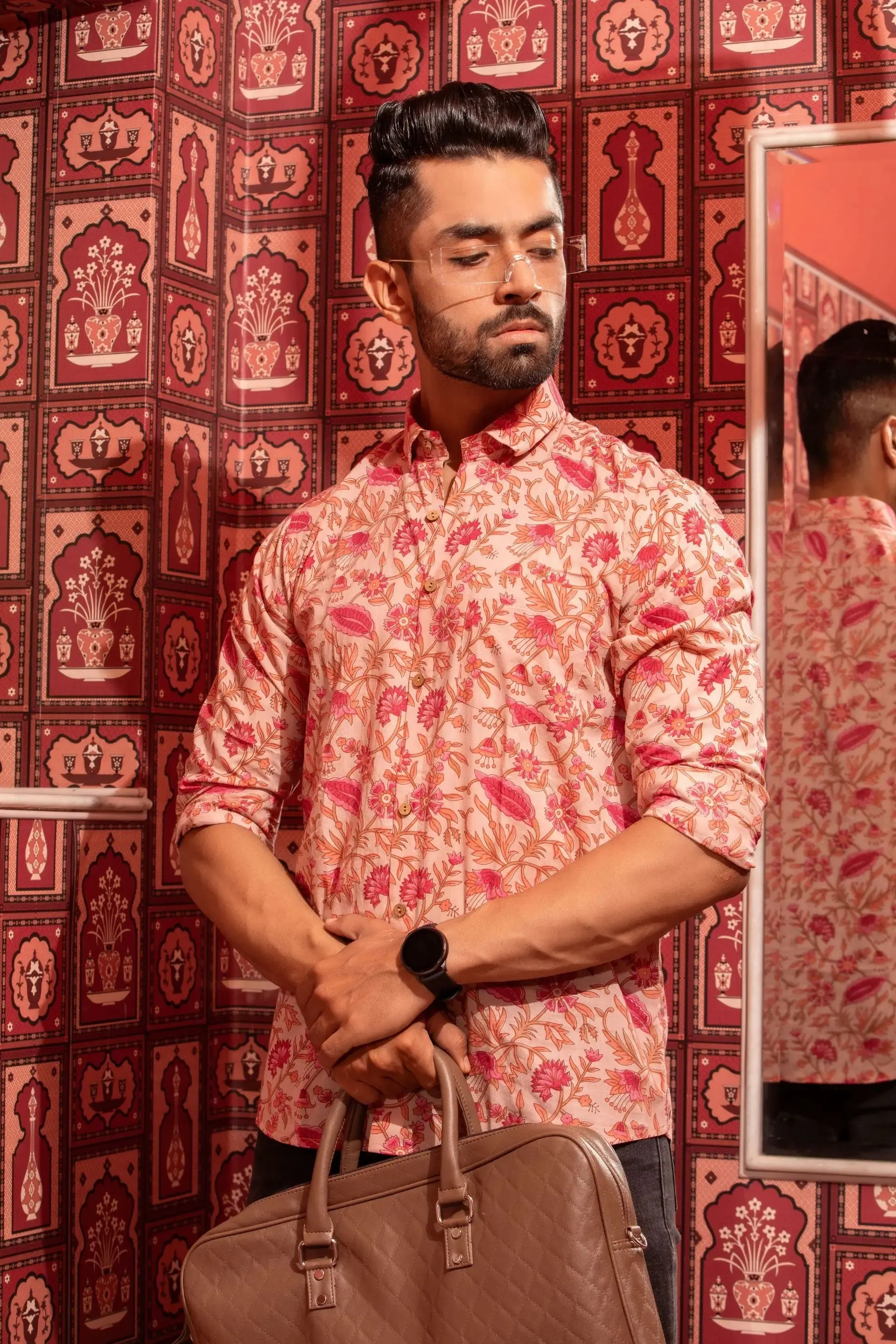 Firangi Yarn Pink Sanganeri Printed 100% Cotton Shirt For Men - Full Sleeves