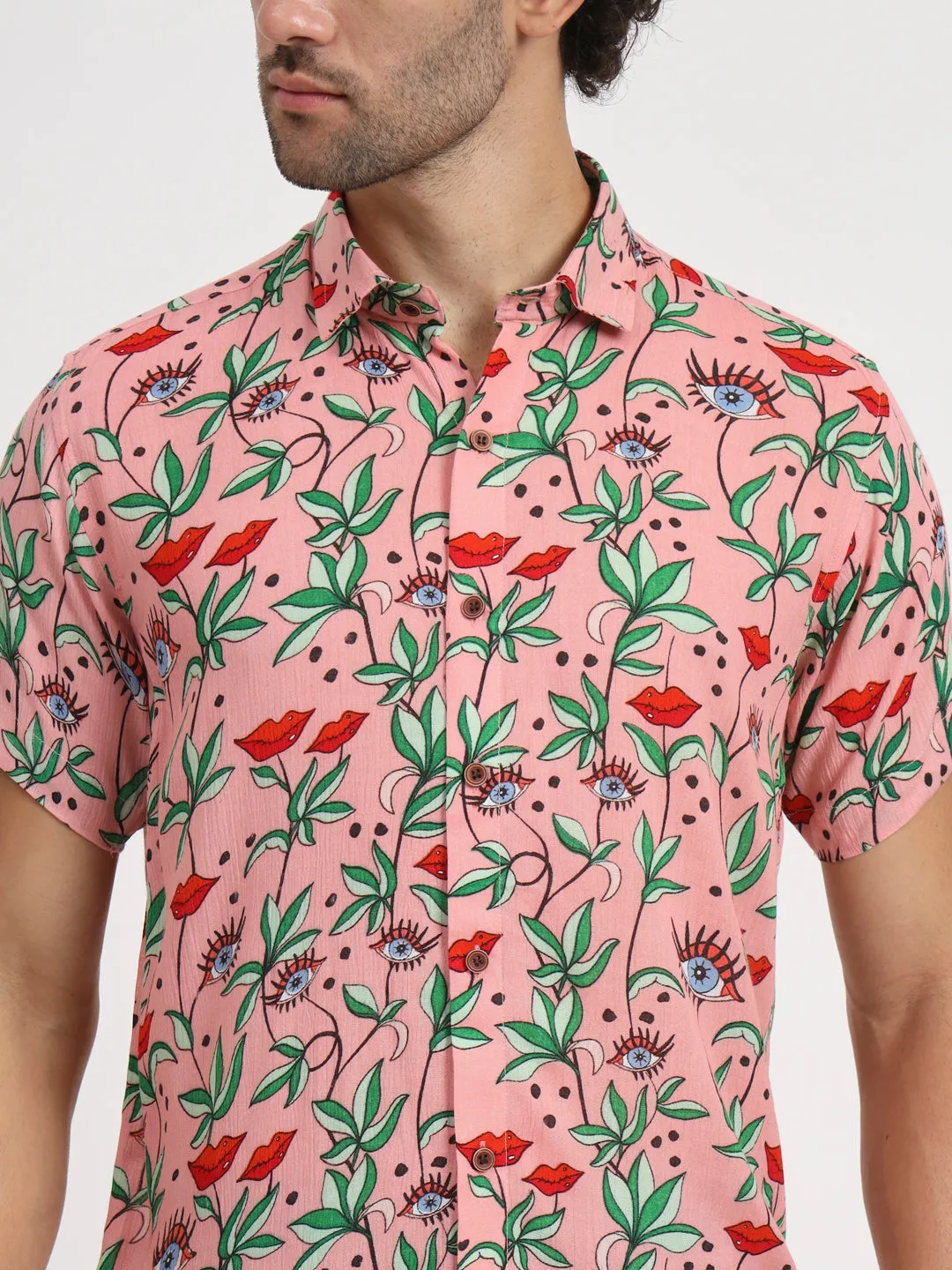 Firangi Yarn Relaxed Fit Super Flowy Re-engineered Cotton Printed Beach Shirt in Half Sleeves (Paris Pink Love)