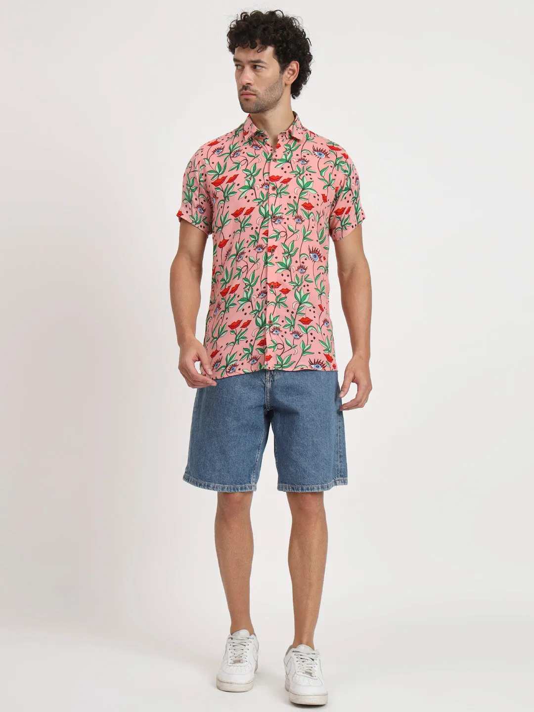 Firangi Yarn Relaxed Fit Super Flowy Re-engineered Cotton Printed Beach Shirt in Half Sleeves (Paris Pink Love)