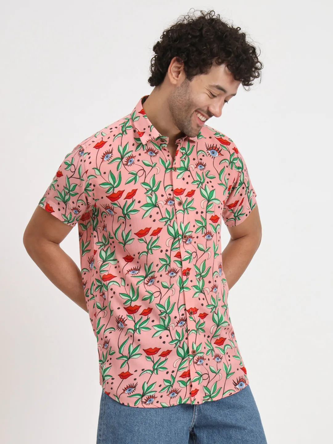 Firangi Yarn Relaxed Fit Super Flowy Re-engineered Cotton Printed Beach Shirt in Half Sleeves (Paris Pink Love)