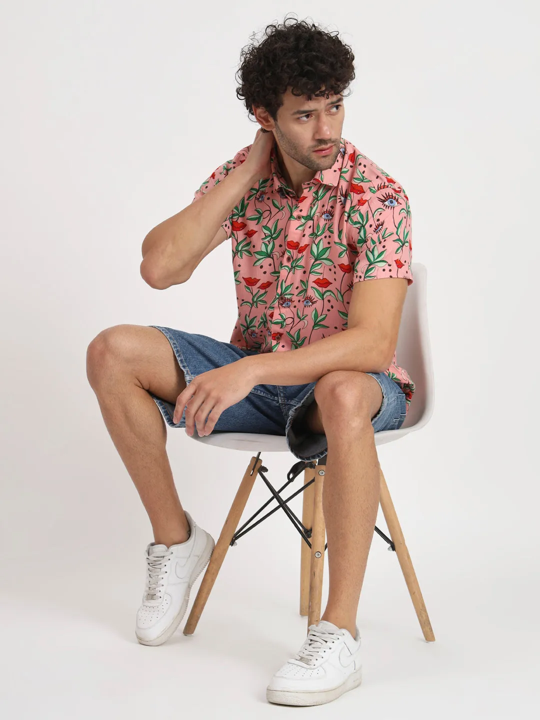Firangi Yarn Relaxed Fit Super Flowy Re-engineered Cotton Printed Beach Shirt in Half Sleeves (Paris Pink Love)