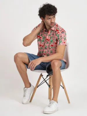 Firangi Yarn Relaxed Fit Super Flowy Re-engineered Cotton Printed Beach Shirt in Half Sleeves (Paris Pink Love)