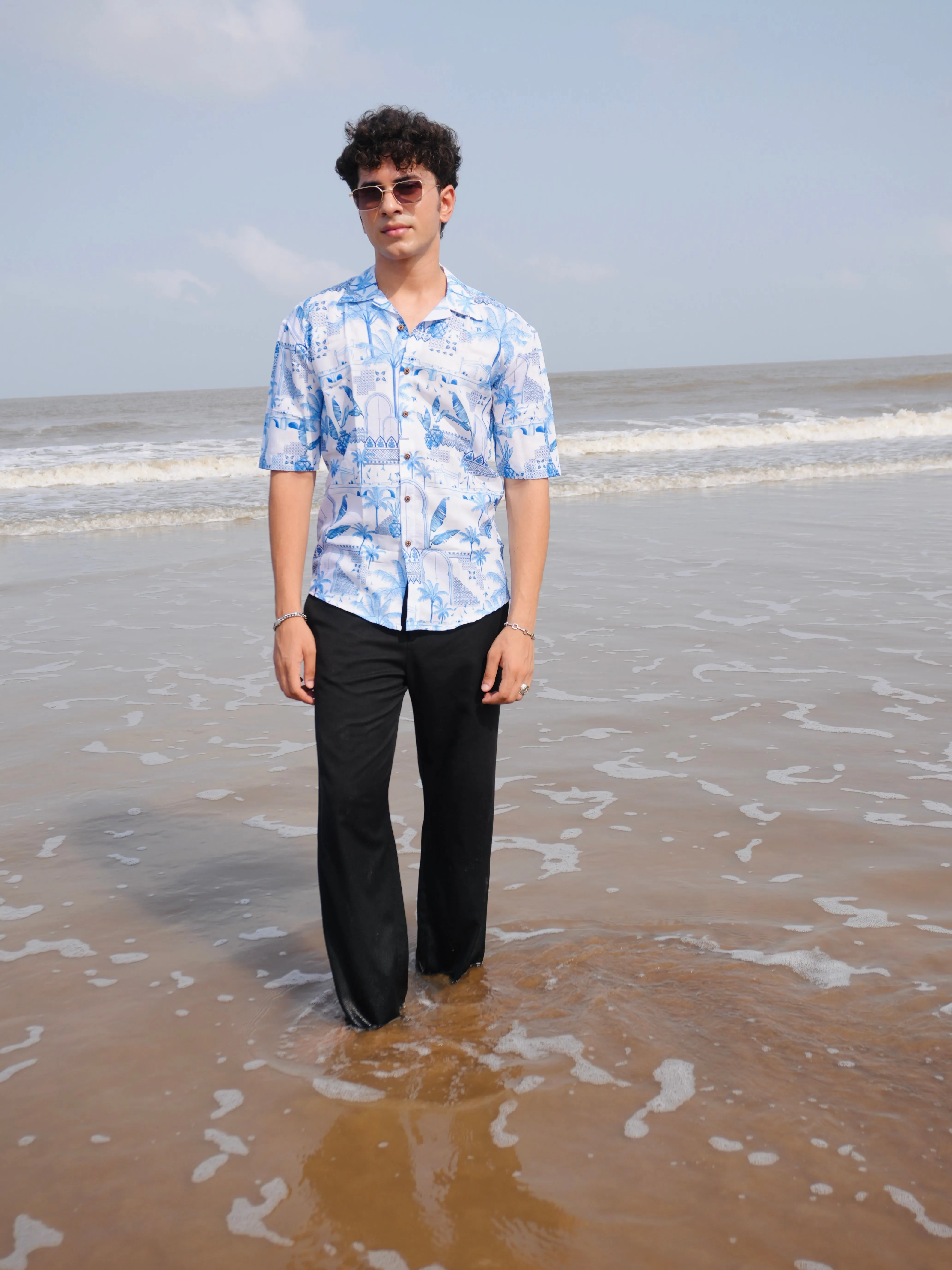 Firangi Yarn White Linen Cuban Collar Fusion Printed Oversize Shirt - Blue Pottery Fresco
