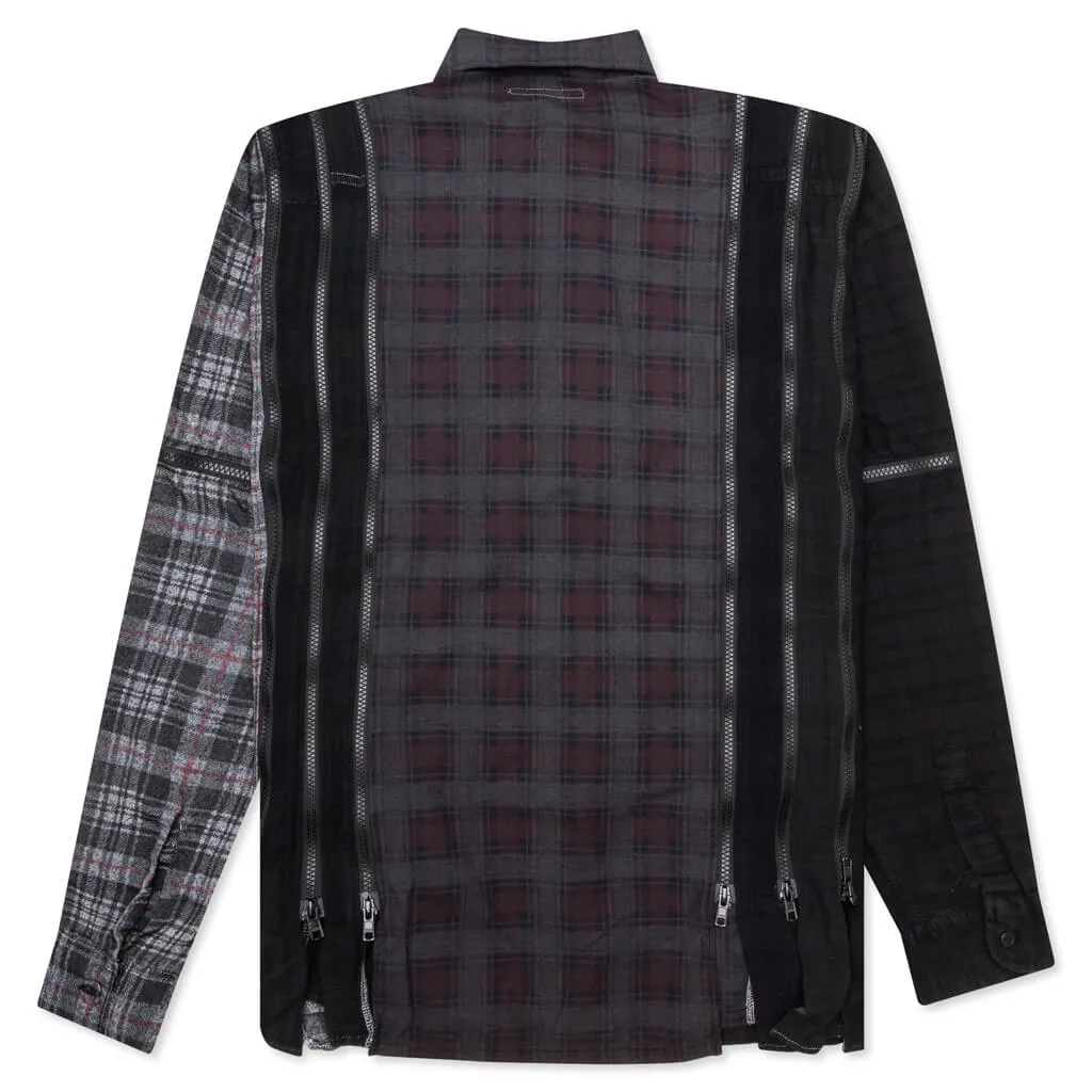 Flannel Shirt 7 Cuts Zipped Wide Shirt Over Dye - Black
