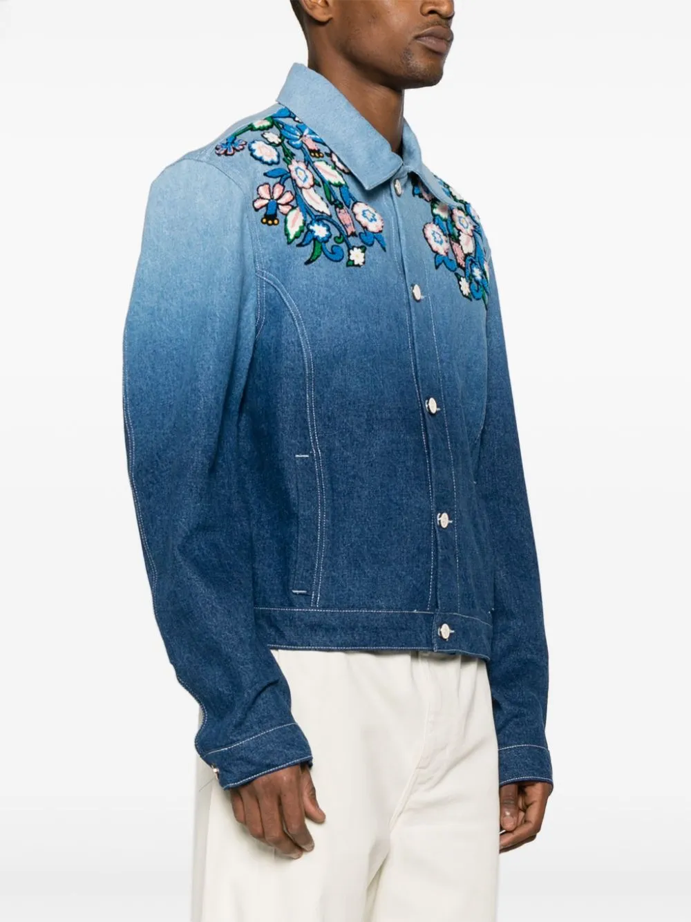 floral-embroidered ombré denim jacket