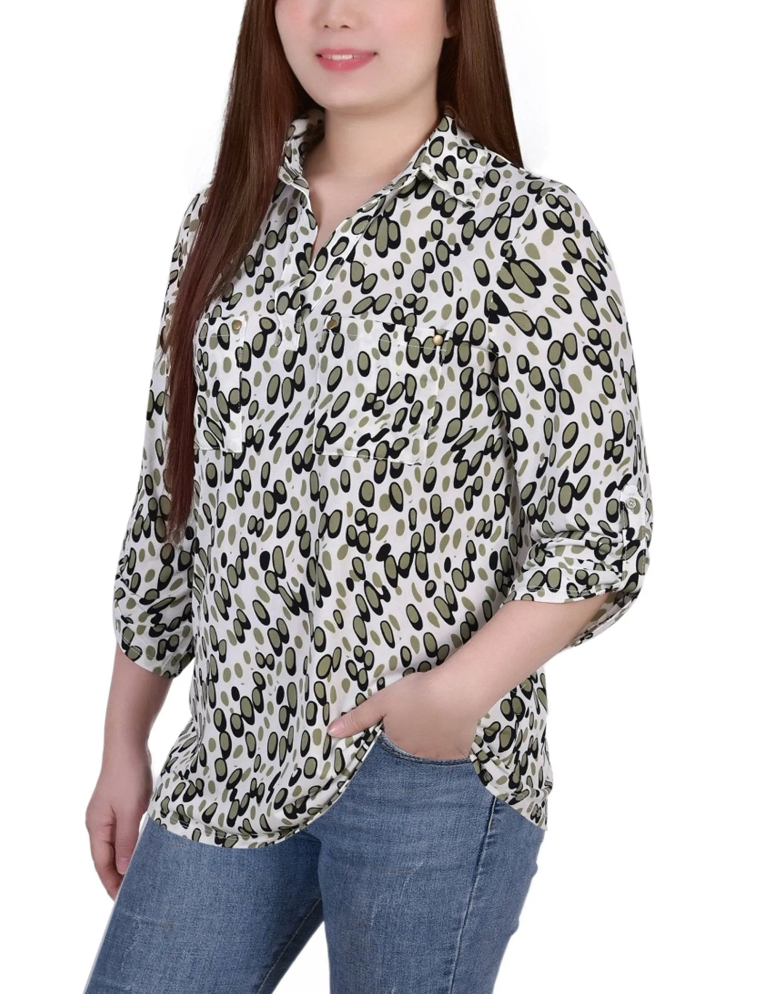 Grey Abstract Dots 3/4 Roll Tab Sleeve Studded Y Neck Top - Petite