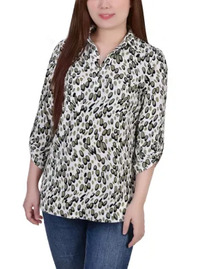 Grey Abstract Dots 3/4 Roll Tab Sleeve Studded Y Neck Top - Petite