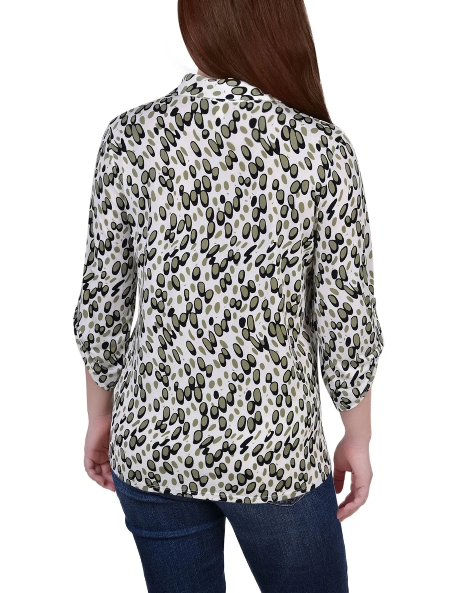 Grey Abstract Dots 3/4 Roll Tab Sleeve Studded Y Neck Top - Petite