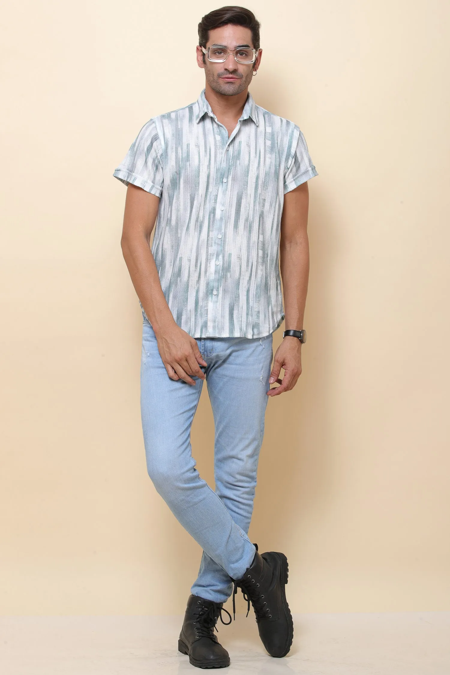 Knitting Print Green Stripe Half Sleeve Shirt for Men