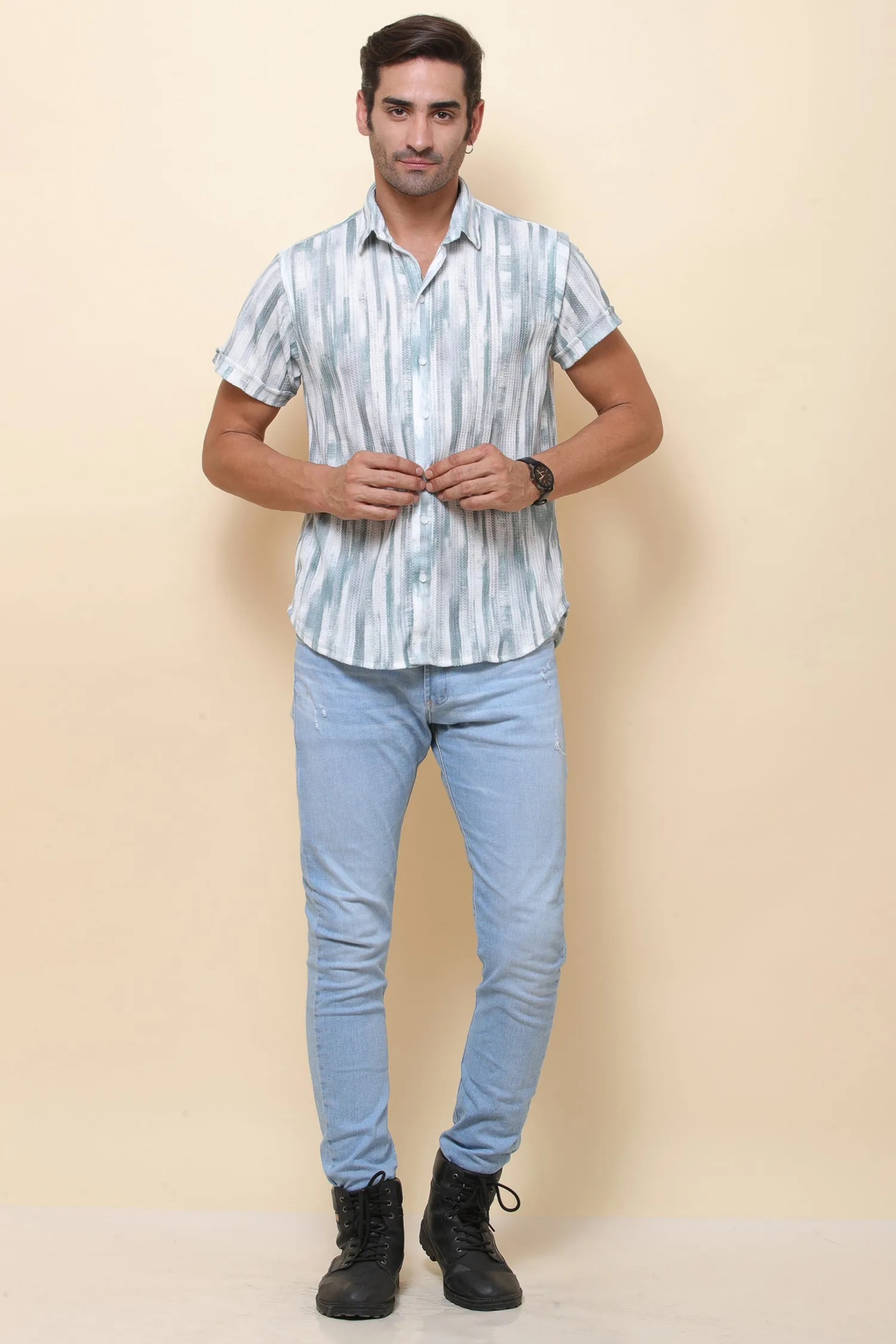 Knitting Print Green Stripe Half Sleeve Shirt for Men