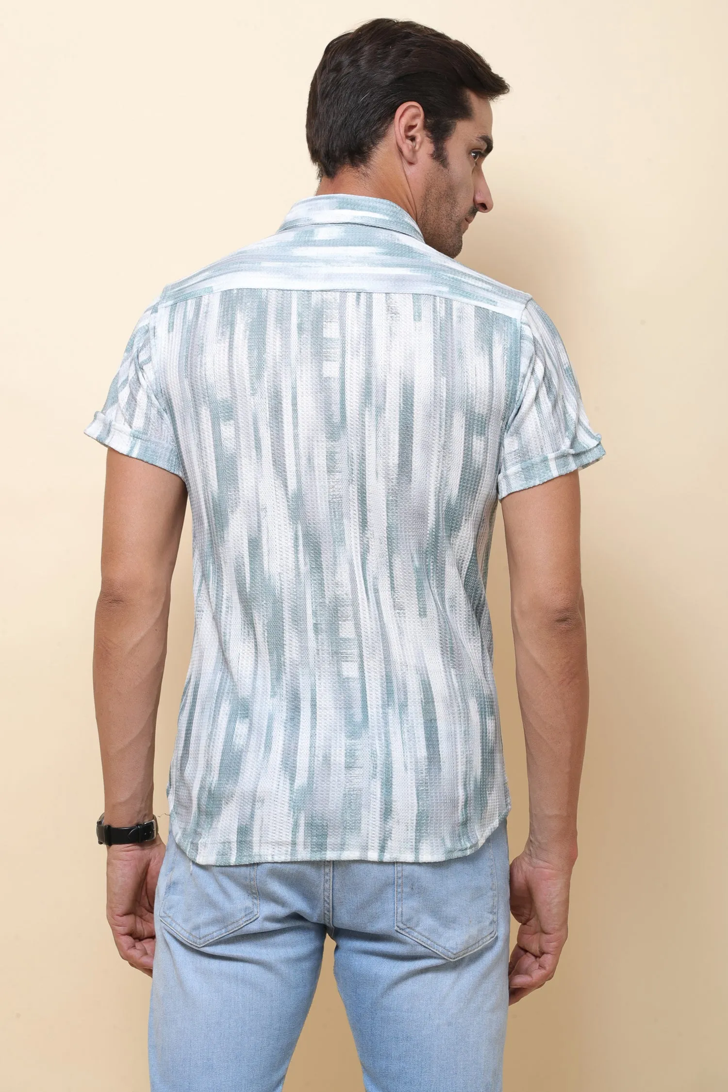 Knitting Print Green Stripe Half Sleeve Shirt for Men