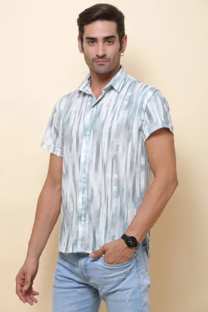 Knitting Print Green Stripe Half Sleeve Shirt for Men